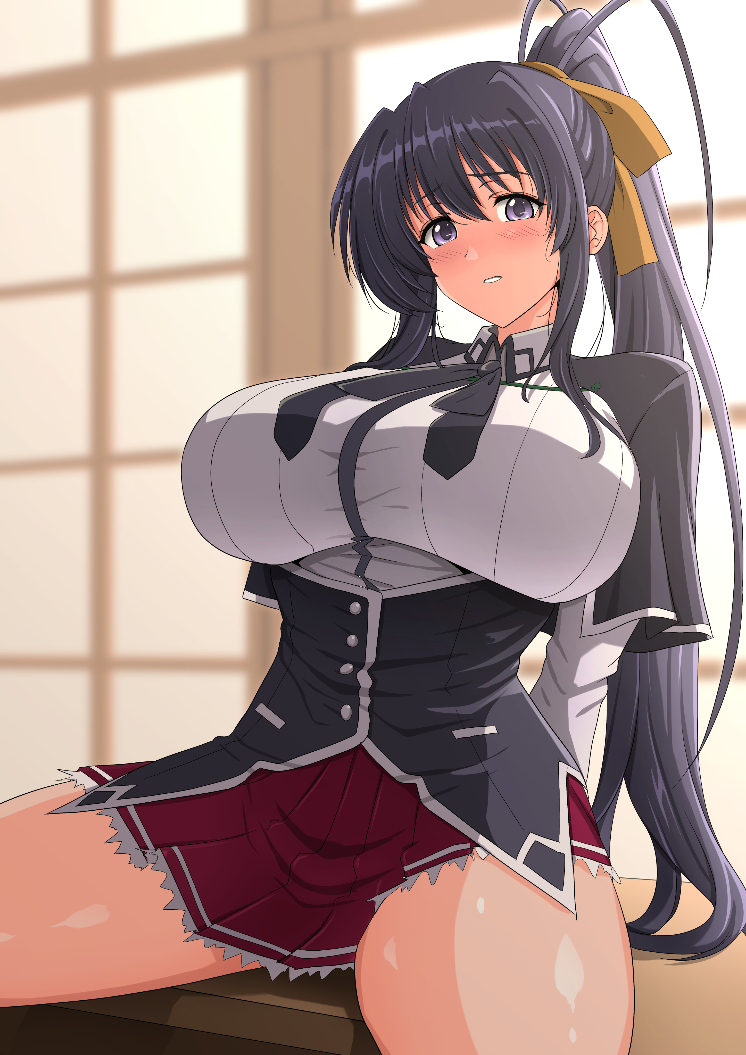 absurdres, akeno himejima, arm support, big breasts, black capelet, black hair, black jacket, black tie, blazer, blurry, blurry background, blush, blush lines, blushing, breasts, buttons, capelet, commentary request, female, hair between eyes, hair up, high ponytail, high school dxd, highres, himejima akeno, indoors, jacket, kuoh academy school uniform, large breasts, long hair, long sleeves, looking at viewer, on table, parted lips, pleated skirt, ponytail, purple eyes, red skirt, shirt, simple background, sitting, skirt, solo, steam erobou, table, thick thighs, thighs, thin waist, tie, very long hair, white shirt, wide hips