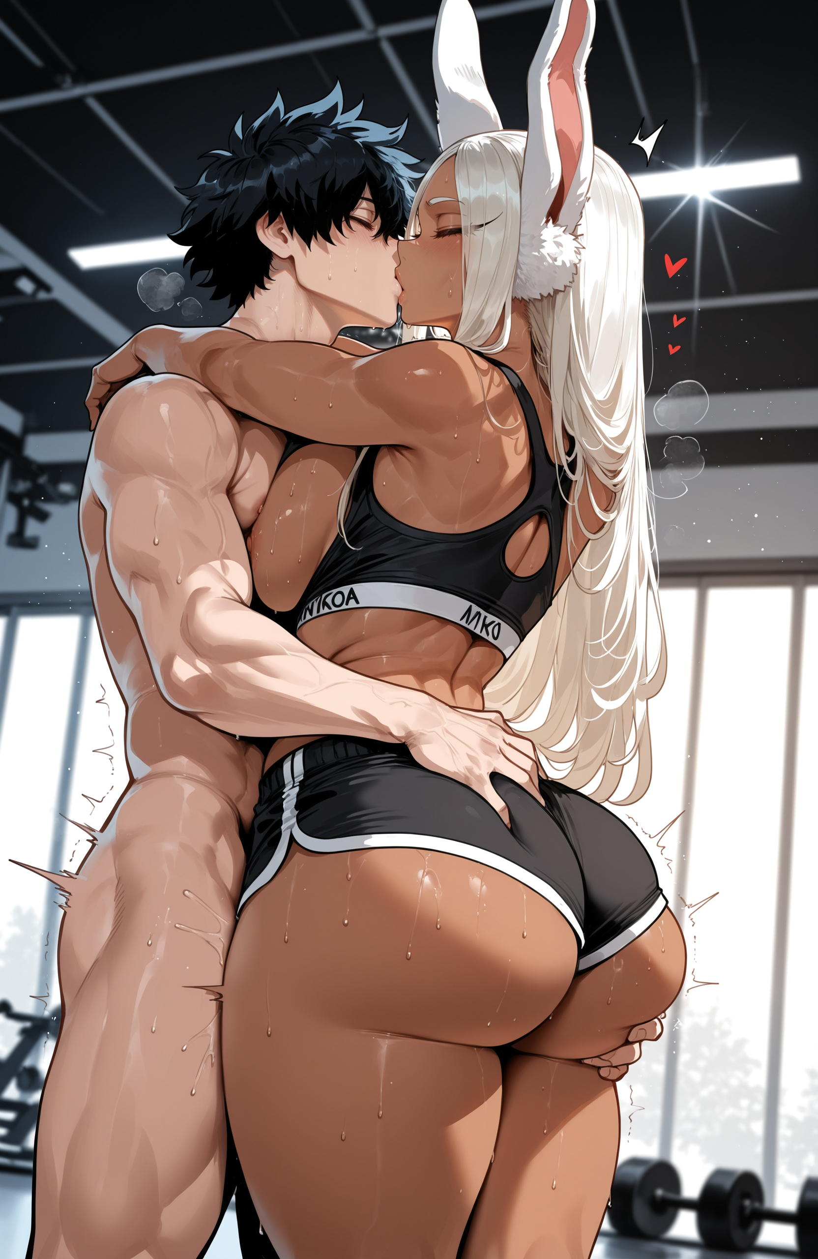 ai generated, ass focus, big ass, big breasts, big butt, big thighs, boku no hero academia, grabbing ass, gym, gym clothes, gym shirt, gym shorts, gym uniform, hot, huge ass, huge breasts, huge butt, huge thighs, kissing, miruko, miyuai, my hero academia, rabbit ears, rumi usagiyama, sexy, sexy female, thick, thick ass, thick butt, thick legs, thick thighs
