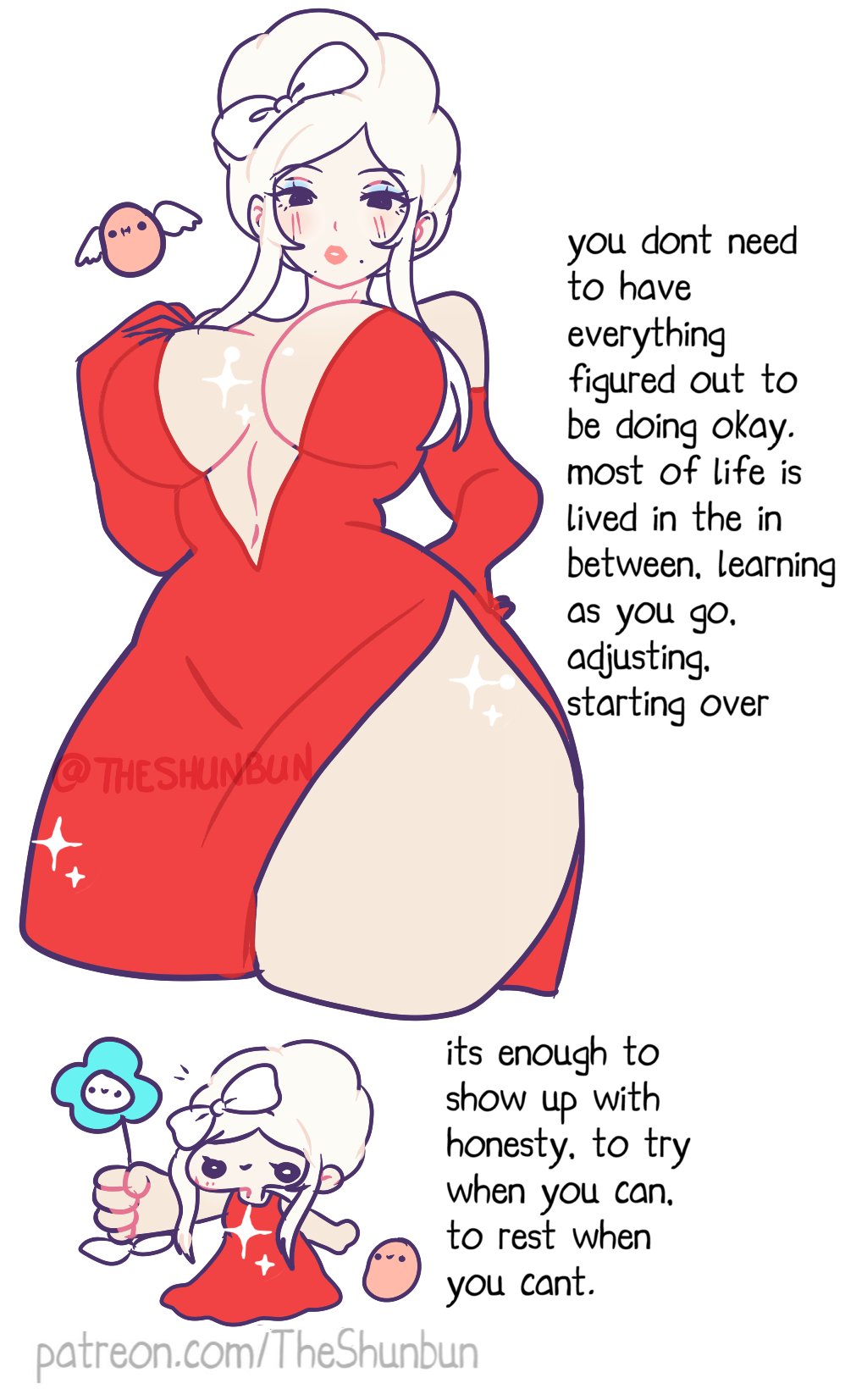 1girls, advice, breasts, chibi, curvy, female, female focus, female only, gigantic ass, huge breasts, kawaii potato, large breasts, light skin, light-skinned female, looking at viewer, mature female, milf, original, original character, signature, slit dress, solo, theshunbun, thick thighs, thighs, voluptuous, watermark, wholesome, wide hips