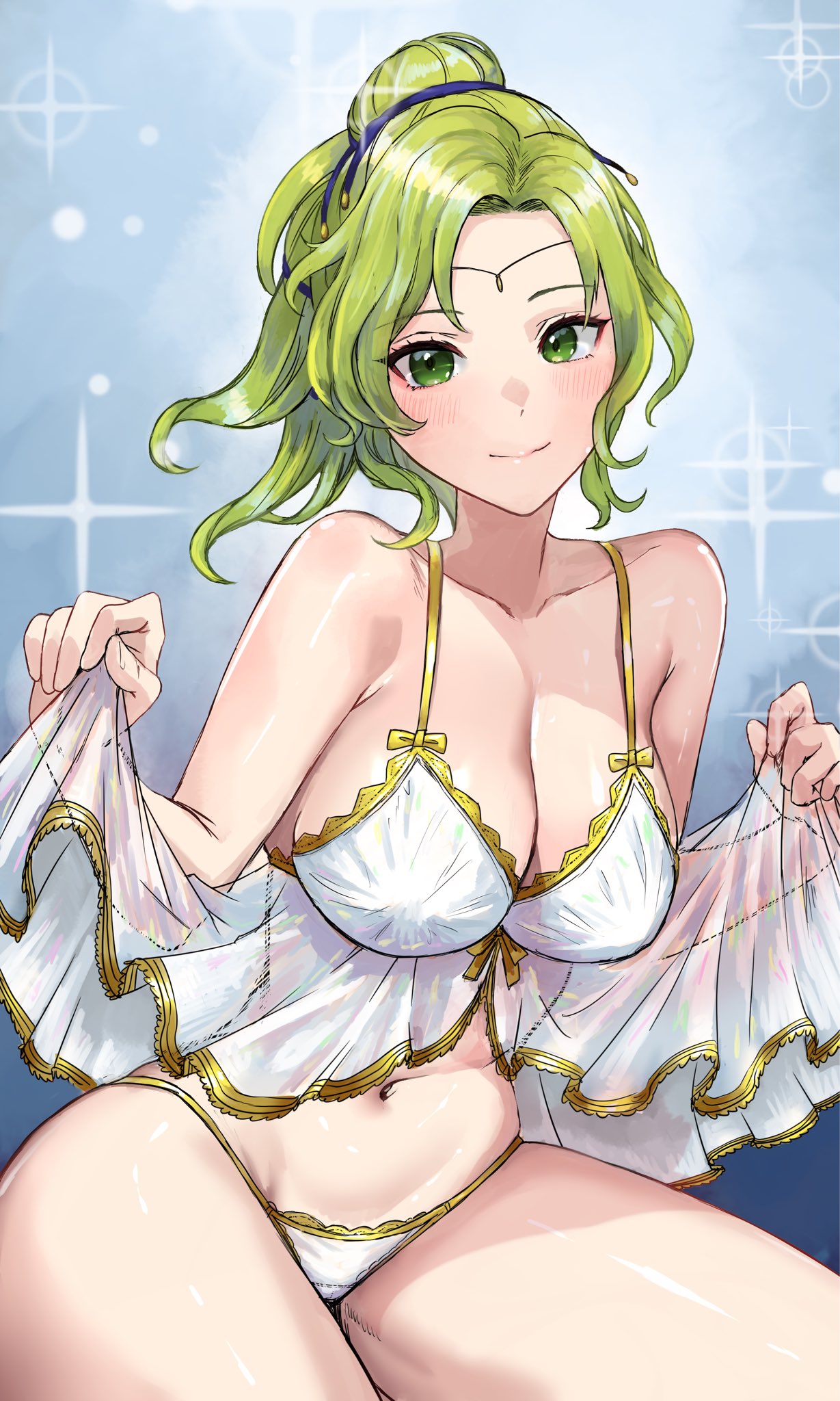 blush, breasts, fire emblem, fire emblem: the sacred stones, green eyes, green hair, hips, inviting, l'arachel (fire emblem), large breasts, lingerie, looking at viewer, navel, nintendo, pocari66, presenting, shoulders, smile, smile at viewer, thick thighs, thighs, white lingerie, wide hips