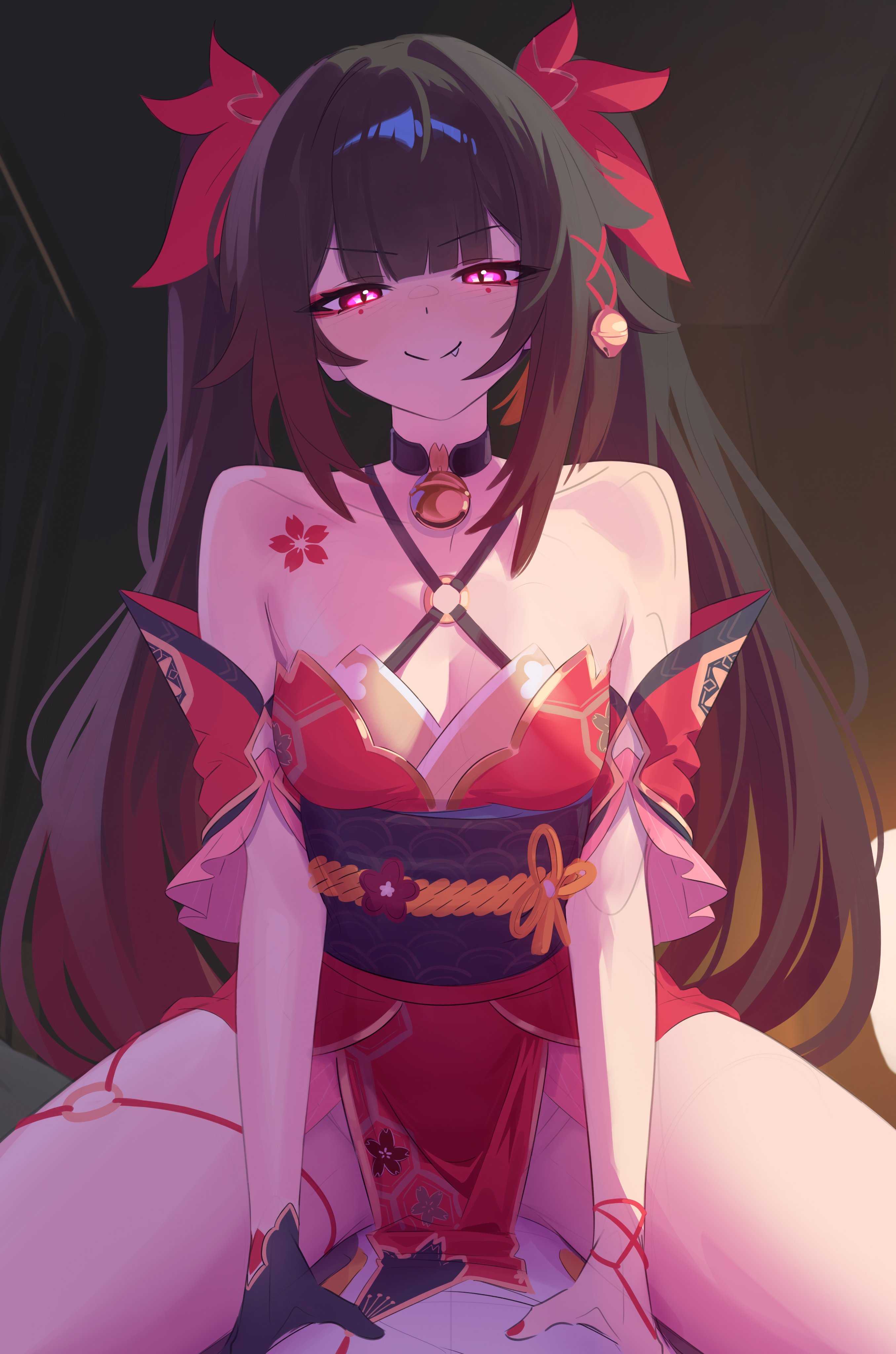 absurdres, anonds31, bare shoulders, bell, blush, breasts, brown hair, cleavage, criss-cross halter, female, female focus, gloves, halterneck, hands on chest, honkai (series), honkai: star rail, light skin, light-skinned female, long hair, looking at viewer, medium breasts, neck bell, oerba yun fang, pink eyes, red nails, single glove, smile, smug, smug grin, sparkle (honkai: star rail), straddling, thighs, twintails