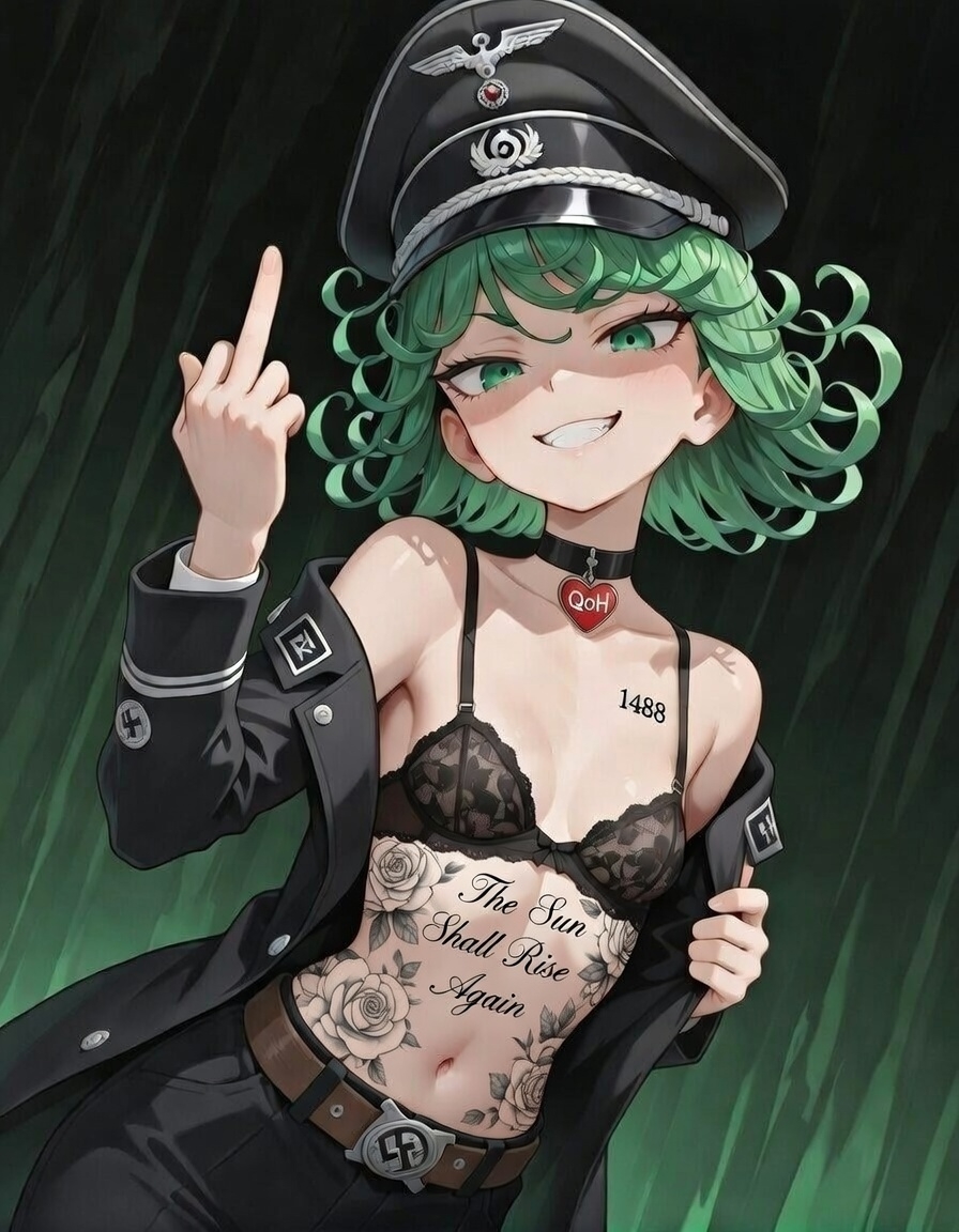 ai, ai assisted, ai generated, belt, bleached, choker, green eyes, green hair, grinning, lace bra, middle finger, navel, nazi, nazi uniform, open clothes, open jacket, pants, petite, petite body, qoh, queen of hearts, queen of hearts necklace, small breasts, smiling, tatsumaki, tattoo, tattoos, visor cap, waffen-ss