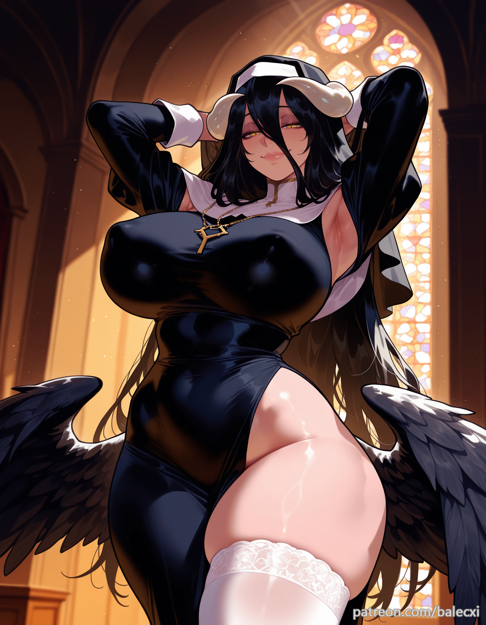 ai generated, albedo (overlord), armpits, arms behind head, arms up, balecxi, black dress, black hair, black wings, breasts, church, covered nipples, cross, demon girl, demon horns, feathered wings, female, habit, hair between eyes, indoors, long hair, long sleeves, looking at viewer, low wings, necklace, nun, overlord (maruyama), patreon username, smile, solo, thick thighs, white horns, white thighhighs, yellow eyes