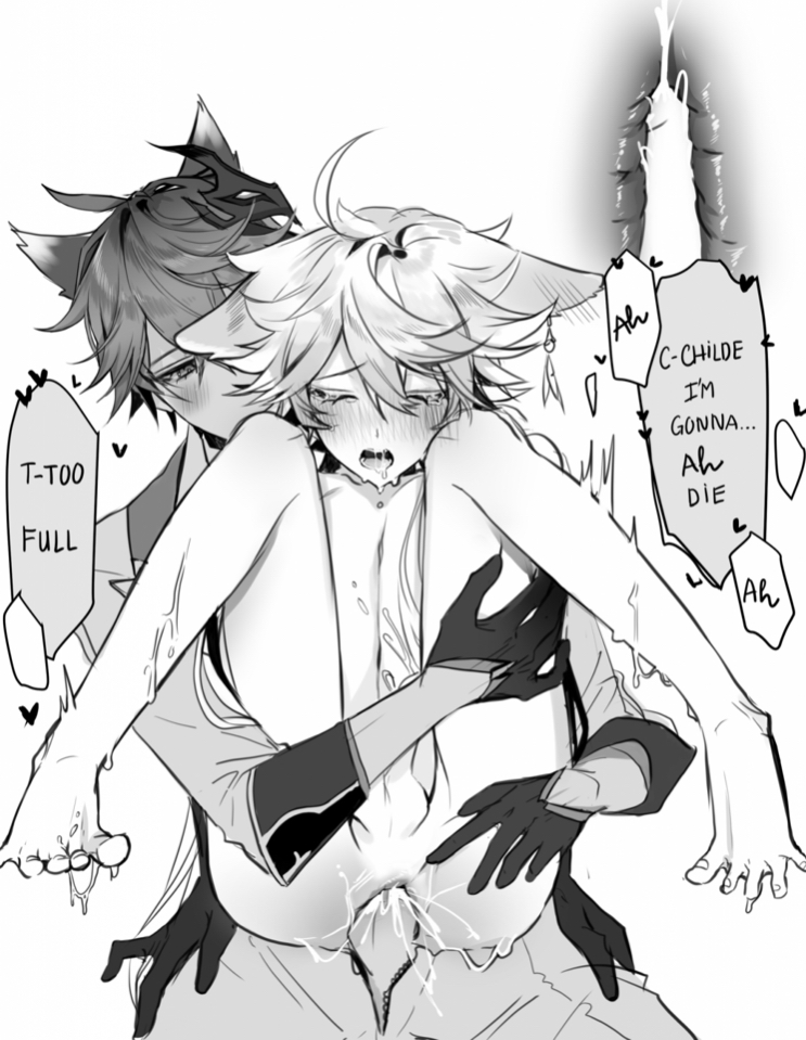 2boys aether_(genshin_impact) animal_ears censored_penis childe_(genshin_impact) cum cum_in_ass cum_inside drooling english_text femboy gay genshin_impact girly gloves long_hair male male_only monochrome pcrow_(twitter) penis pnk_crow tagme tartaglia_(genshin_impact) yaoi