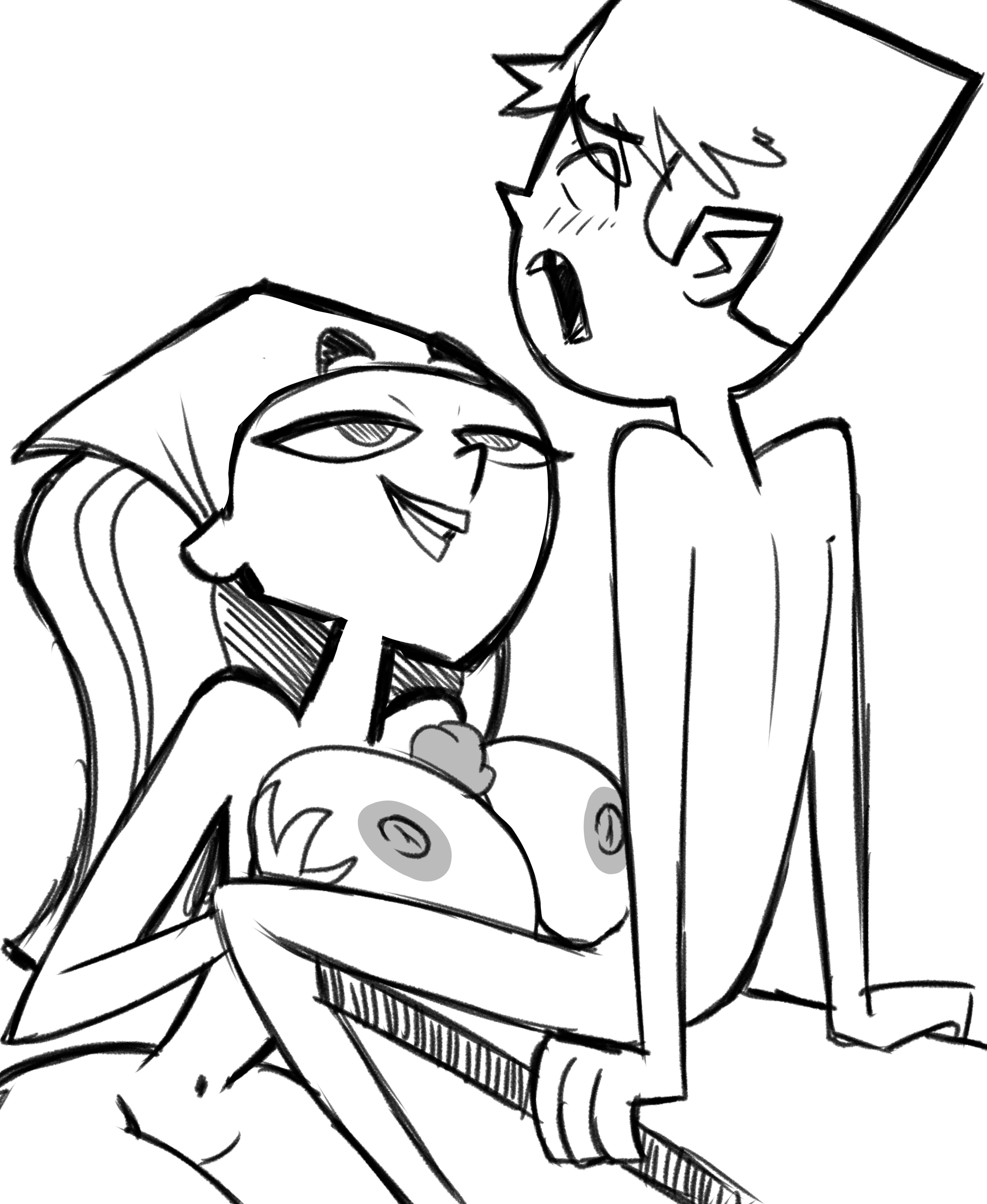bandana, breasts, busty, cody (tdi), drpizzaboi1, female, female focus, hourglass figure, lindsay (tdi), line art, long hair, male, nude, nude female, nude male, paizuri, tagme, total drama island, wide hips