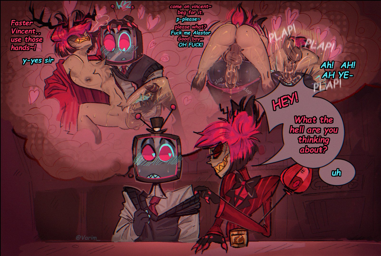 2boys, alastor (hazbin hotel), anal, anal sex, animal ears, animal tail, antennae (anatomy), antlers, anus, ass, ass focus, balls, big penis, blush, blush lines, butt focus, dark nipples, dark-skinned male, daydream, daydreaming, dialogue, english text, gay, hat, hazbin hotel, heart, huge cock, imagining, looking at another, looking at partner, looking at penis, masturbating, masturbation, nipples, penile penetration, penis, penis in ass, pubic hair, red hair, rough sex, sharp teeth, skinny, speech bubble, suit, thick thighs, thighs, thinking about sex, thought bubble, tv head, varim, vox (hazbin hotel), yaoi, yelling
