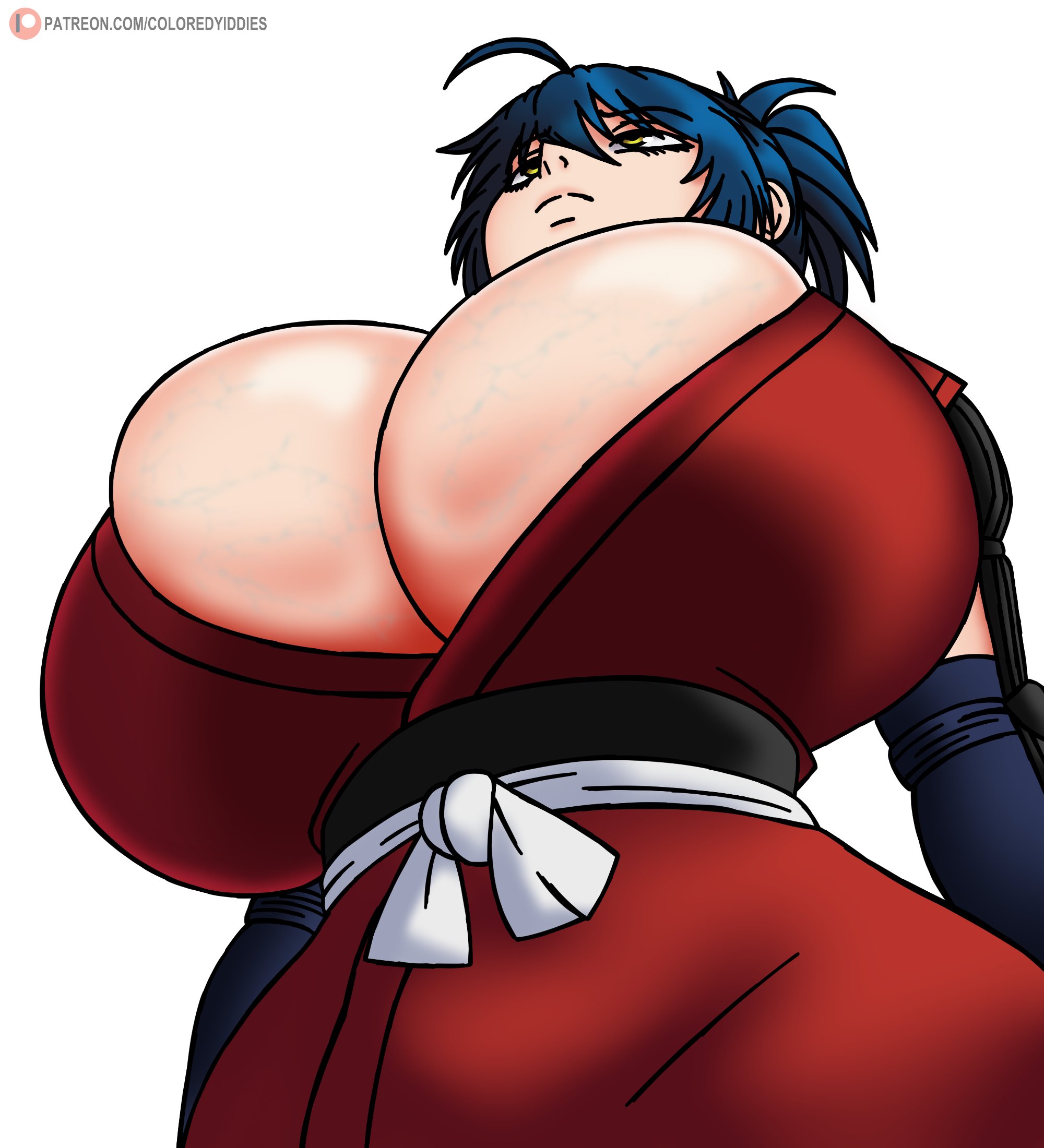 absurdres, blue hair, breasts, cleavage, coloredyiddies, female, female focus, from below, highres, huge breasts, japanese clothes, kimono, manyuu chifusa, manyuu hikenchou, ponytail, short hair, skindentation, solo, veins, veiny breasts, yellow eyes