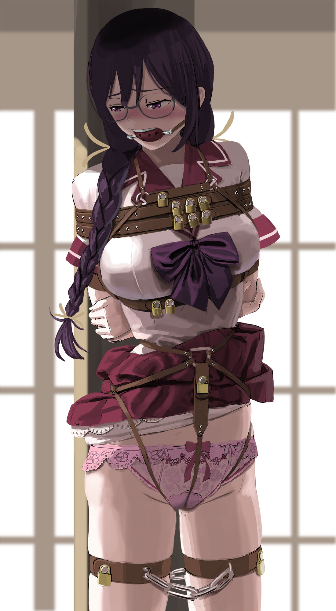 1girls, arms behind back, bakemonogatari, ball gag, black hair, blush, bondage, bondage harness, bondage over clothes, bound, bound arms, bow, bowtie, braided twintails, breasts, chains, chest harness, clothed female, clothes lift, female, female only, femsub, gag, gagged, gagged female, glasses, hanekawa tsubasa, harness, highres, itou tatsuya, large breasts, monogatari (series), padlock, panties, pink panties, pink shirt, purple eyes, restrained, restrained arms, restrained legs, rope, rope bondage, round eyewear, school uniform, shibari, short sleeves, skirt, skirt lift, solo, solo female, tagme, twin braids, wiffle gag, yellow ribbon