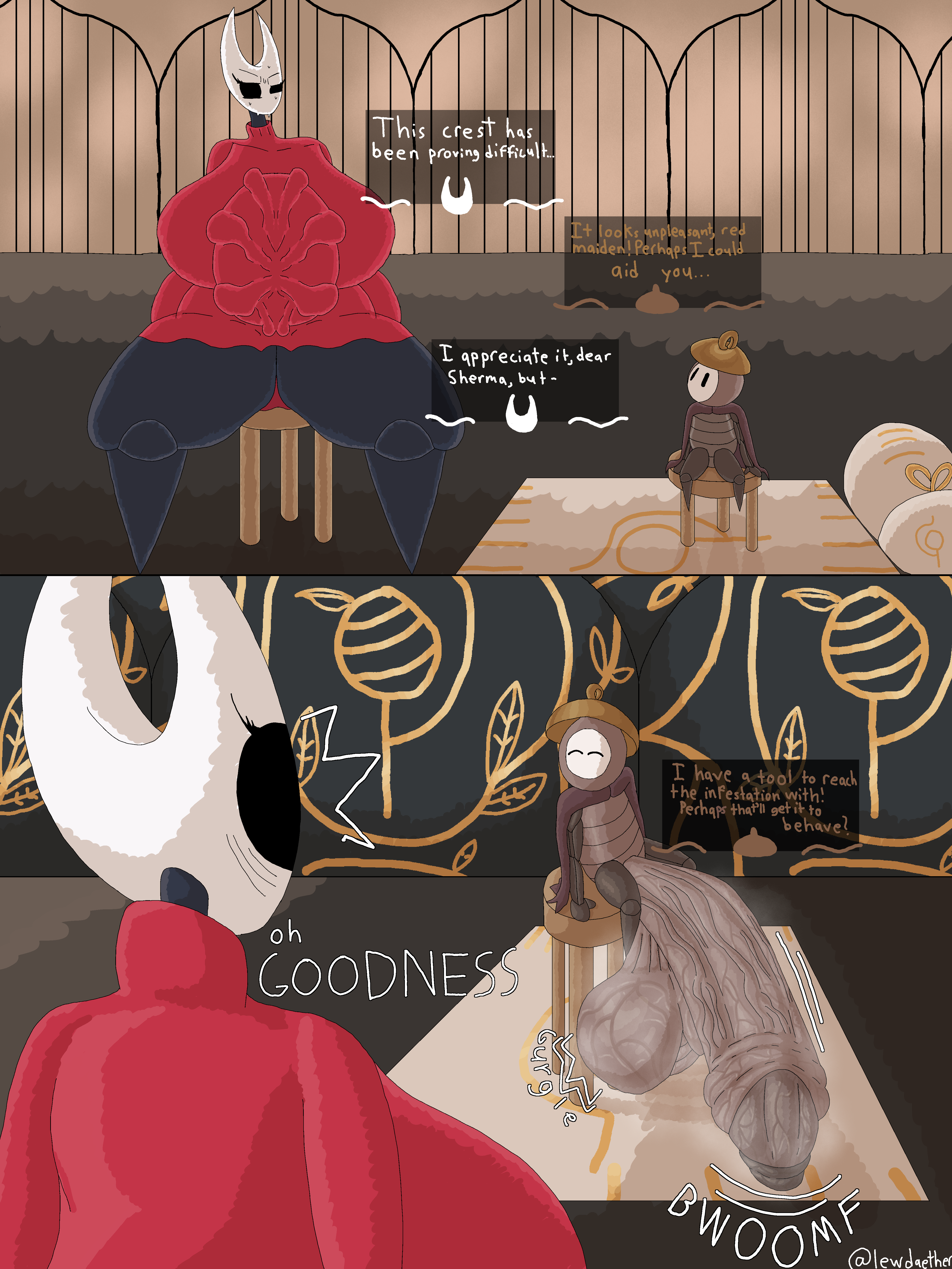 cock shock, dialogue, hollow knight, hollow knight (franchise), hollow knight: silksong, hornet (hollow knight), huge ass, huge breasts, huge cock, lewdaether, musk, musk clouds, parasite, sherma (hollow knight), size difference, small dom big sub, smelly cock