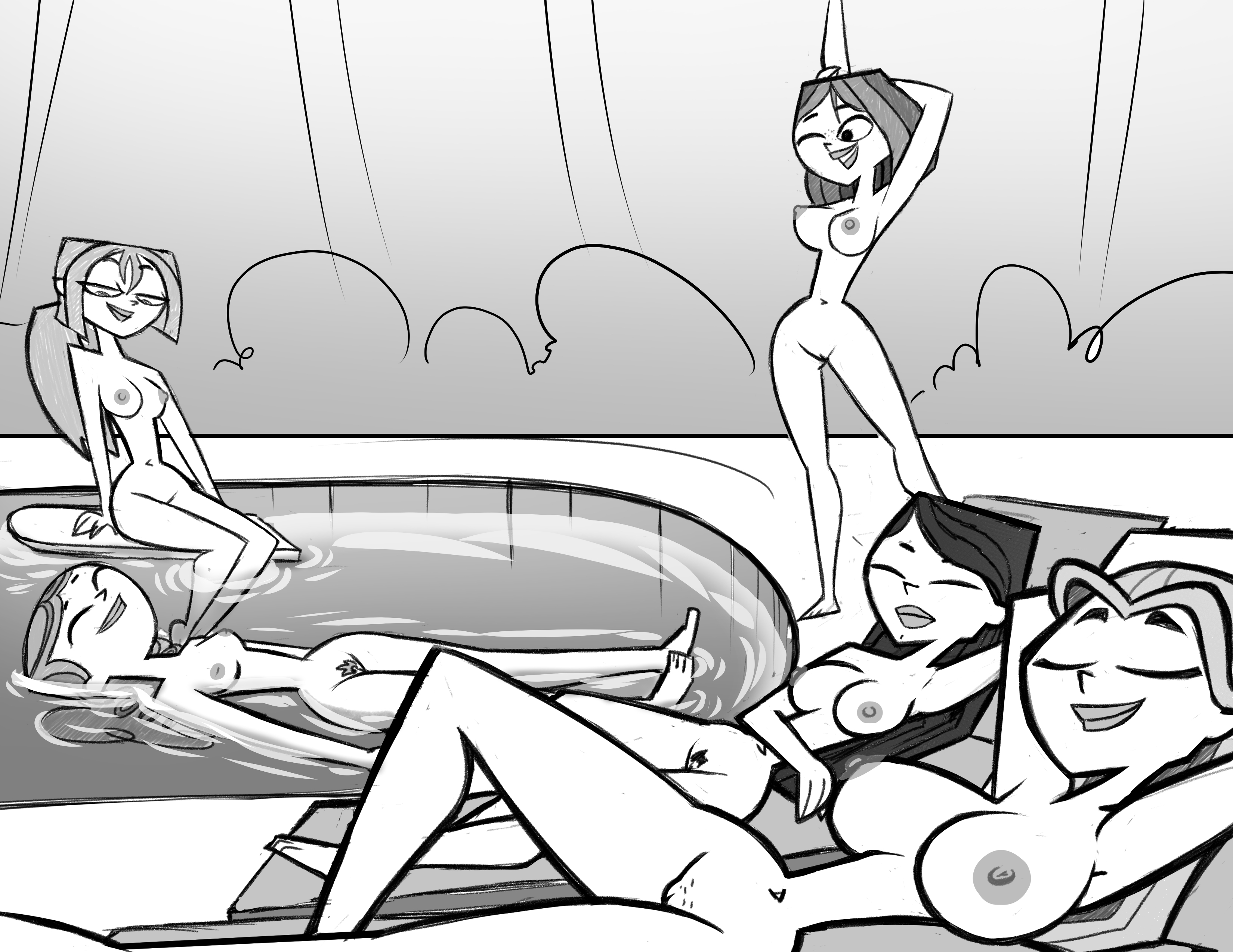 5girls, breasts, bridgette (tdi), busty, courtney (tdi), drpizzaboi1, female, female focus, heather (tdi), hourglass figure, izzy (tdi), lindsay (tdi), line art, multiple females, multiple girls, tagme, total drama island, wide hips