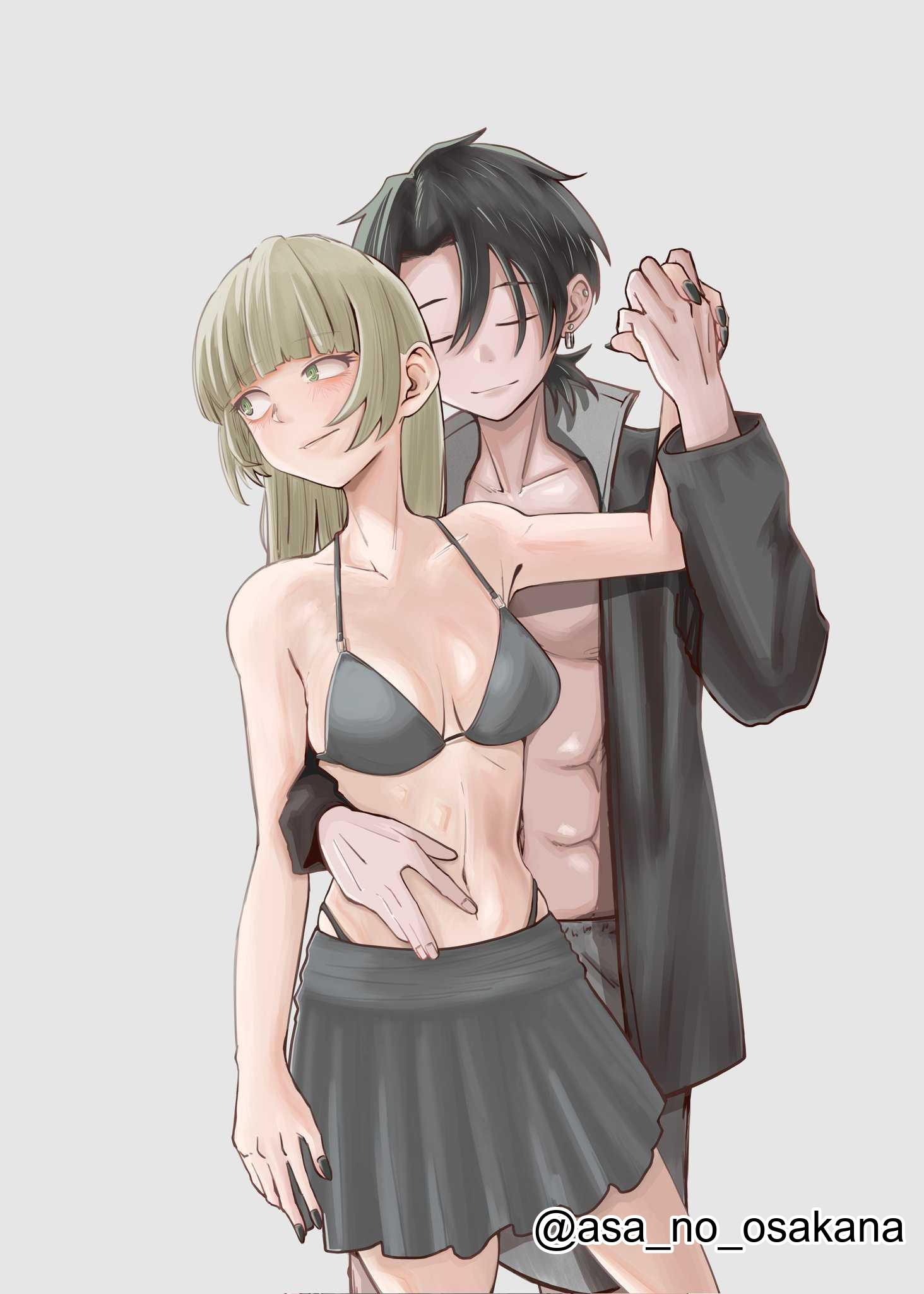 1boy, 1boy1girl, 1girls, 2d, 2d (artwork), 2d artwork, abs, adult, adult female, asa no osakana, bare arms, bare belly, bare chest, bare hands, bare midriff, bare navel, bare shoulders, bare skin, belly, belly button, bikini, bikini only, bikini top, black bikini, black bikini top, black coat, black fingernails, black jacket, black nail polish, black nails, black swimsuit, black swimwear, blonde eyebrows, blonde female, blonde hair, blonde hair female, blonde-haired female, blunt bangs, breasts, closed mouth smile, coat, collarbone, couple, digital, digital art, digital drawing, digital drawing (artwork), digital media, digital media (artwork), exposed arms, exposed belly, exposed chest, exposed midriff, exposed navel, exposed shoulders, exposed skin, eyebrows visible through hair, female, female focus, fingernails, fingers, green eyes, green-eyed female, half naked, half nude, halterneck, hand holding, hand on another's belly, hand on another's stomach, hand on belly, hand on stomach, hands clasped, hands together, head tilt, high resolution, highres, holding hands, interlocked fingers, jacket, lean figure, light smile, long hair, looking sideways, looking to the side, male, mature, mature female, medium breasts, midriff, muscular, muscular male, nail polish, nails, naked, naked female, naked woman, nanakusa nazuna, narrow waist, navel, nude, nude female, nudity, petite, petite body, petite breasts, petite female, petite girl, petite tits, romantic ambiance, romantic couple, semi nude, shoulders, simple background, skirt, slender body, slender waist, slim waist, smile, smiley face, smiling, smiling at another, smiling at partner, standing, straight, string bikini, swimsuit, swimwear, tilted head, upper body, white background, yamori kou, yofukashi no uta