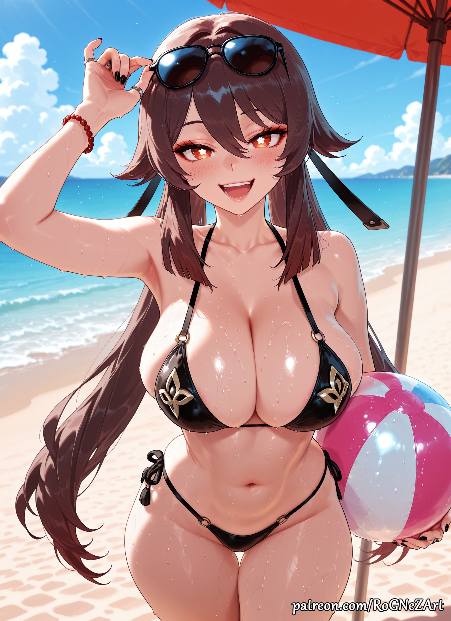 :d, 2025, ai generated, alternate breast size, anime, arm up, bangs, bare shoulders, beach, bead bracelet, beads, bikini, black bikini, black nails, blue sky, blush, bracelet, breasts, brown hair, cleavage, cloud, collarbone, crossover, day, eye contact, eyewear on head, female, female focus, female only, flower-shaped pupils, flushed, genshin impact, hair between eyes, highres, holding, hoyoverse, hu tao (genshin impact), huge breasts, jewelry, large breasts, long hair, looking at viewer, midriff, mihoyo, moaning, nail polish, navel, nsfw, o-ring, ocean, open mouth, outdoors, patreon, red eyes, rognezart, sand, side-tie bikini bottom, sky, smile, smiling, solo, stomach, sunglasses, swimsuit, symbol-shaped pupils, teeth, thick thighs, thighs, twintails, umbrella, very long hair, water, wet