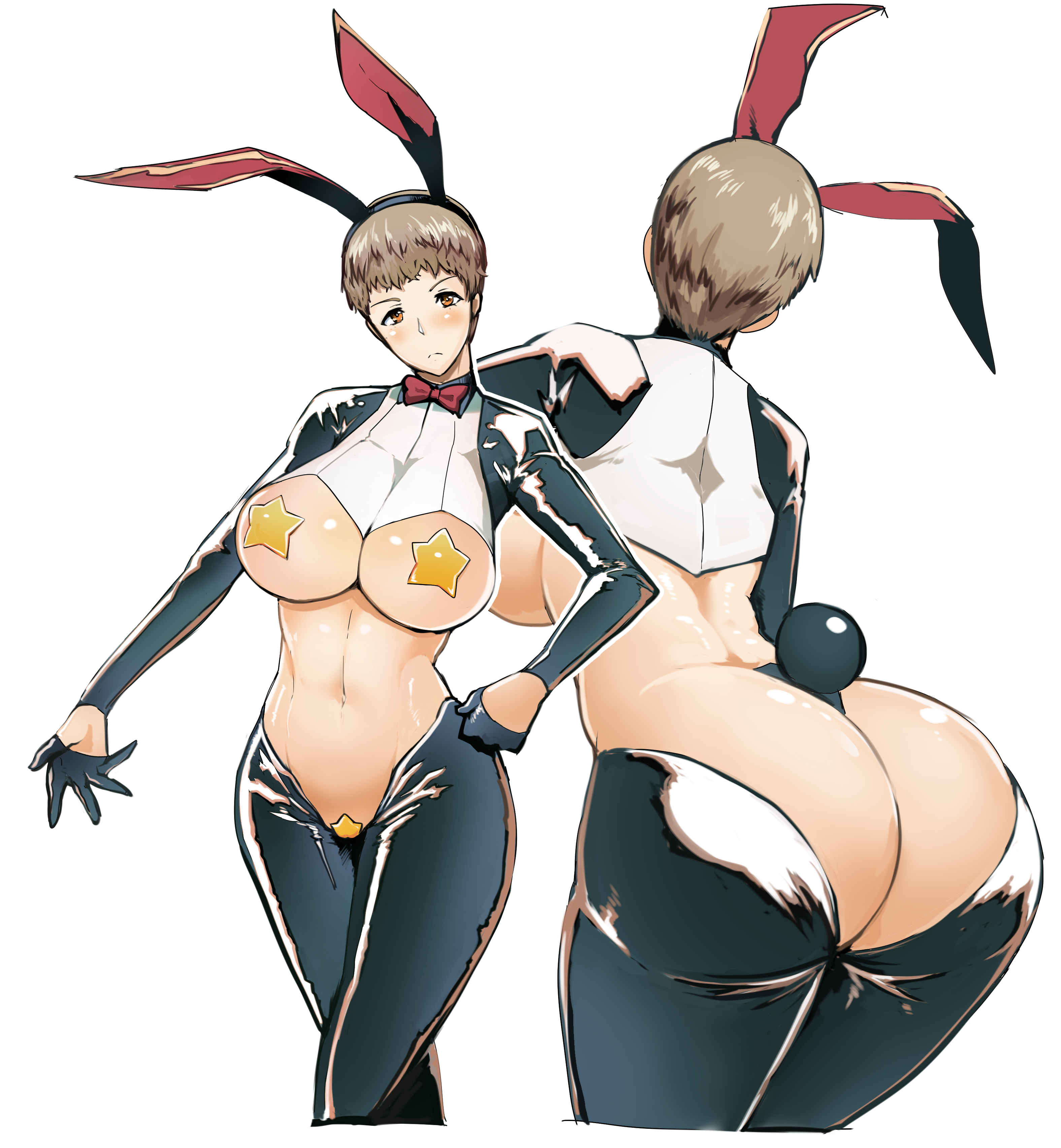 1girls, ass, ass focus, belly, bowtie, breasts, covered nipples, curvy, fake animal ears, female, female focus, female only, girls und panzer, gloves, half gloves, latex, latex gloves, latex suit, multiple images, multiple scenes, multiple views, naomi (girls und panzer), navel, nipple pasties, no bra, no panties, pasties, plump, pussy, pussy pasty, reverse bunnysuit, sasaki tatsuya, short hair, solo, solo female, solo focus, star pasties, stomach, tomboy, very short hair, yellow pasties
