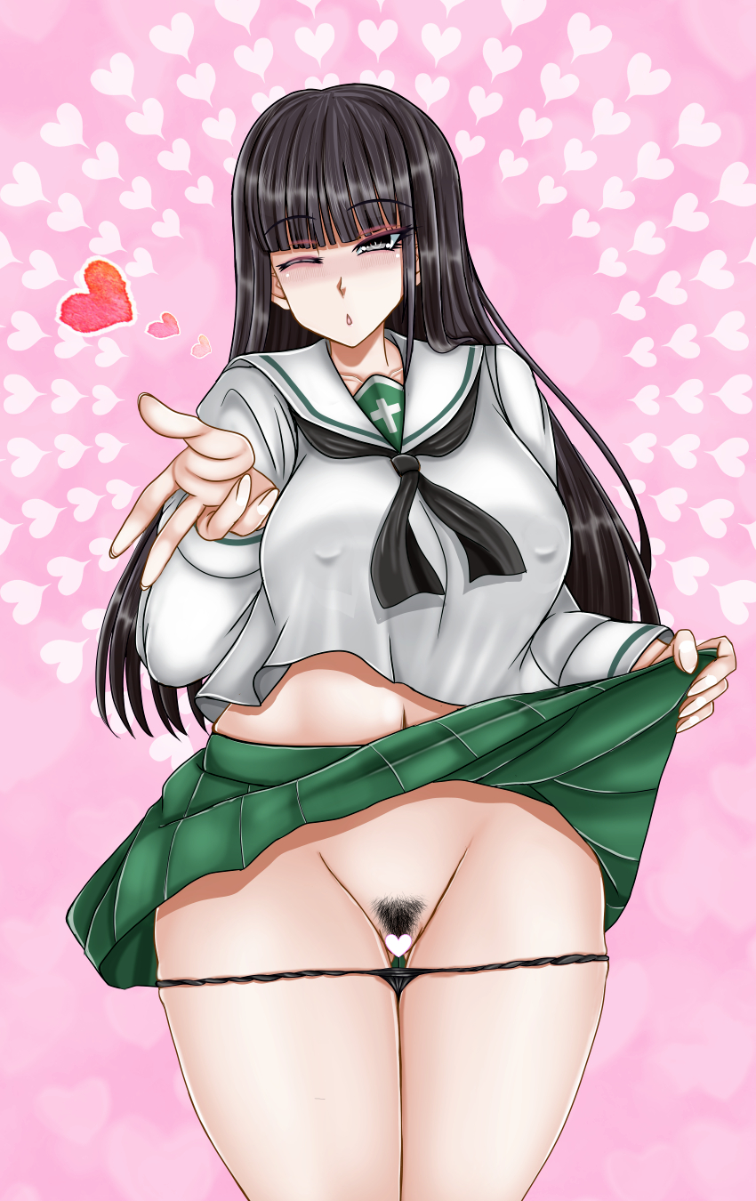 1girls, bitch, bitchy, censored, erect nipples under clothes, exhibitionism, exhibitionist, female pubic hair, girls und panzer, huge breasts, large breasts, lifted skirt, micro panties, milf, nishizumi shiho, no bra, ooarai school uniform, panties, panties down, prostitute, prostitution, pubic hair, school uniform, tk (butakuma), vagina, wide hips, wink