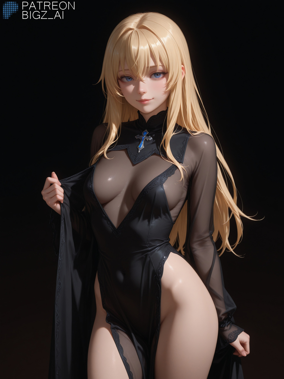 1girls, absurd res, ai generated, big breasts, bigz ai, blonde hair, blue eyes, clothing, dark background, female, female only, goblin slayer, high resolution, highres, indoors, large breasts, light skin, light-skinned female, long hair, priestess, priestess (goblin slayer), see-through, see-through clothing, solo, solo female