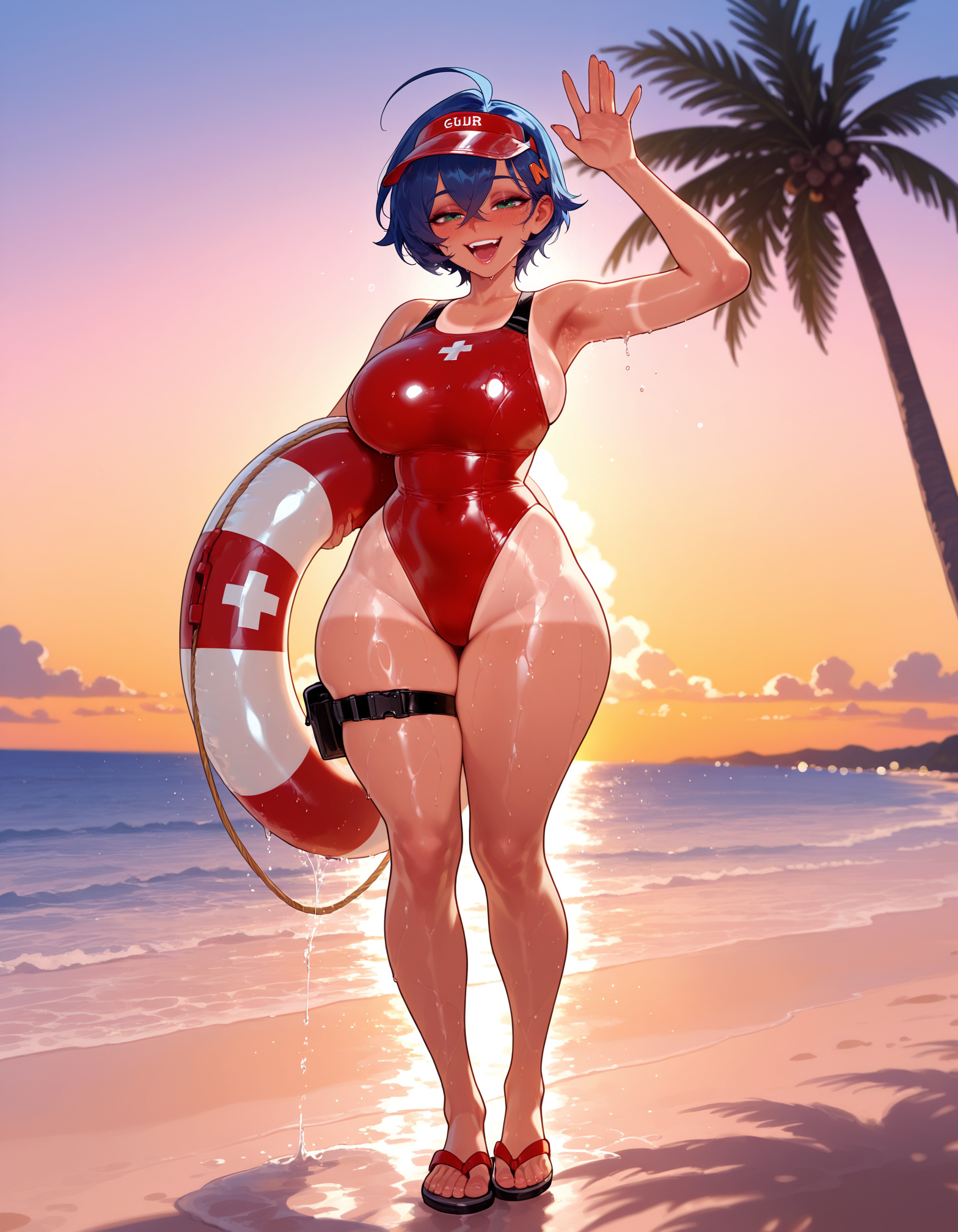 1girls, ahoge, ai generated, arm up, armpits, balecxi, bare shoulders, beach, belle (zenless zone zero), blue eyes, blue hair, blush, breasts, clothing, cloud, collarbone, competition swimsuit, covered navel, crossed bangs, curvaceous, curvaceous female, curvaceous figure, curvy, curvy figure, dusk, evening, exhibitionism, feet, female, female focus, female only, flip-flops, full body, gradient sky, green eyes, hair between eyes, hair ornament, hairclip, highleg, highleg swimsuit, holding, holding swim ring, holster, horizon, innertube, inviting, large breasts, legs, looking at viewer, mole, mole under eye, ocean, one-piece swimsuit, one-piece tan, open mouth, orange sky, outdoor nudity, outdoors, outside, palm tree, presenting, presenting ass, presenting breasts, presenting hindquarters, presenting self, red cross, red one-piece swimsuit, sand, sandals, seductive, seductive look, seductive smile, shiny clothes, shiny skin, short hair, sideboob, skindentation, sky, smile, solo, standing, sunset, swim ring, swimsuit, tan, tanlines, teeth, thick thighs, thigh holster, thigh pouch, thigh strap, thighs, toenails, toes, tree, upper teeth only, visor cap, voluptuous, voluptuous female, water, waving, wet, wet clothes, wide hips, zenless zone zero