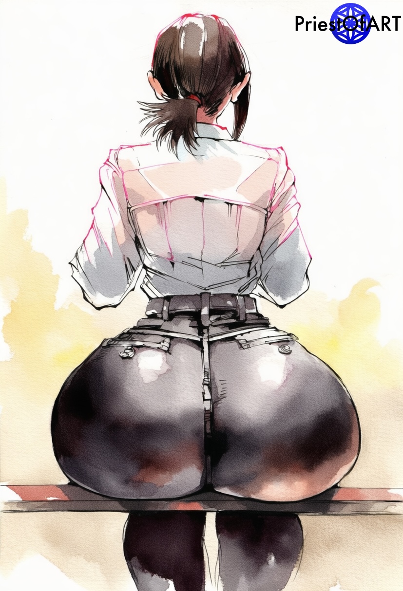1female, 1girls, about to burst, ai generated, ass, ass focus, ass too big, barely contained, barely contained ass, barely fits, big ass, big butt, black pants, breasts, bubble butt, bursting butt, chainsaw man, curvy, curvy hips, dumptruck ass, enormous ass, fat ass, female, female only, from behind, gigantic ass, ginormous ass, higashiyama kobeni, huge ass, huge butt, humongous ass, hyper, hyper ass, imminent wardrobe malfunction, pants, priestofart, round ass, shiny, shirt, simple background, sitting, solo, solo female, straining clothing, thick, thick ass, thick thighs, thighs, tight clothes, tight clothing, tight fit, tight pants, too tight, undersized clothes, undersized clothing, voluptuous, voluptuous female, watercolor, watercolor (artwork), watermark, white background, wide hips