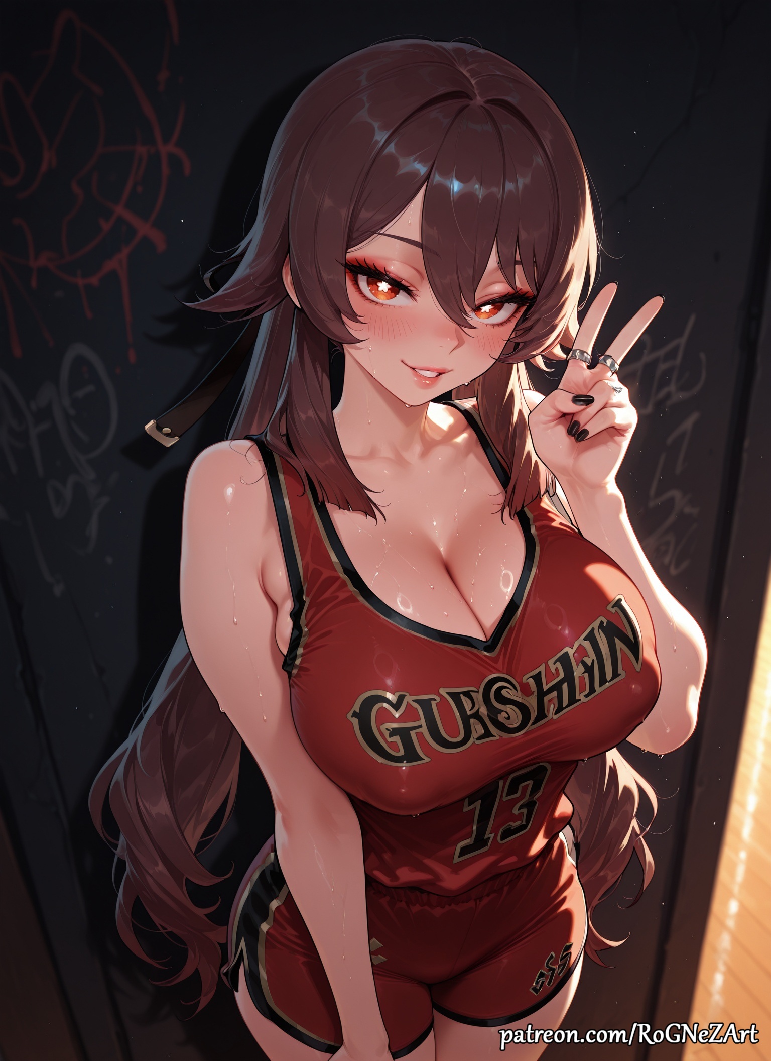 2025, ai generated, alternate breast size, anime, bangs, bare shoulders, black nails, blush, breasts, brown hair, cleavage, collarbone, covered nipples, crossover, eye contact, female, female focus, female only, flower-shaped pupils, flushed, genshin impact, grin, hair between eyes, highres, hoyoverse, hu tao (genshin impact), huge breasts, jewelry, large breasts, long hair, looking at viewer, mihoyo, multiple rings, nail polish, nsfw, parted lips, patreon, patreon username, red eyes, ring, rognezart, short shorts, shorts, smile, smiling, solo, sportswear, sweat, sweaty, symbol-shaped pupils, thick thighs, thighs, twintails, v, very long hair