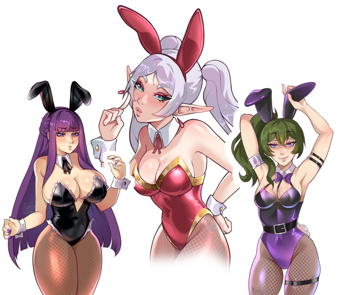 3girls, armpits, big breasts, big thighs, breast size difference, bunny, bunny ears, bunny girl, cleavage, cleavage overflow, curvy, curvy female, cute, cute face, cute female, different breast sizes, elf, elf ears, female, female only, fern (sousou no frieren), frieren, green eyes, green hair, hand on hip, hips wider than shoulders, juicy lips, long hair, looking at viewer, mage, mambolina, multiple girls, pantyhose, posing, posing for the viewer, purple eyes, purple hair, sexy, sexy body, sexy female, sexy pose, silver hair, small breasts, small waist, sousou no frieren, thick thighs, ubel (sousou no frieren), wide hips, wide thighs