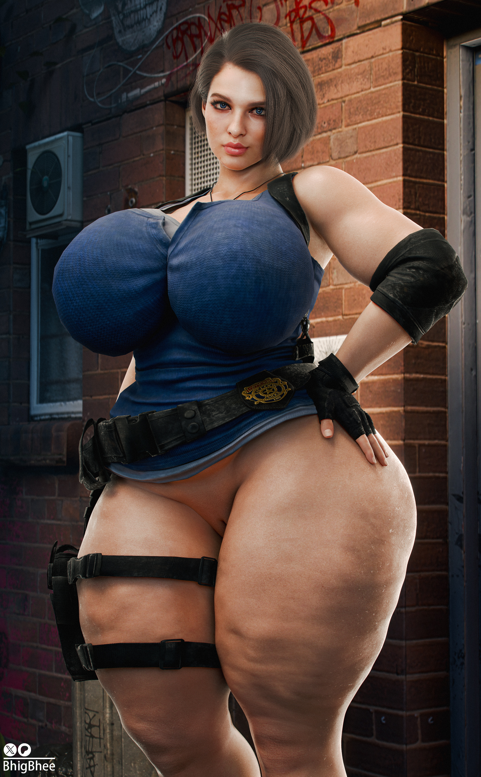 1girls, 3d, bhigbhee, big breasts, huge breasts, jill valentine, looking at viewer, resident evil, resident evil 3, thick thighs