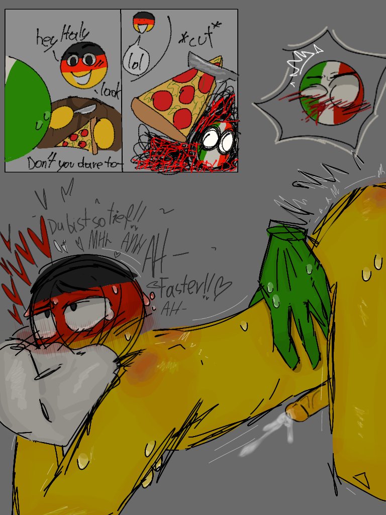 anal, blush, blushing, countryhumans, dialogue, eyes rolling back, gay, germany (countryhumans), green skin, grey background, hand on hip, italy (countryhumans), looking pleasured, male, male domination, male penetrating, moans, pizza, red skin, sweatdrop, sweating, yellow body