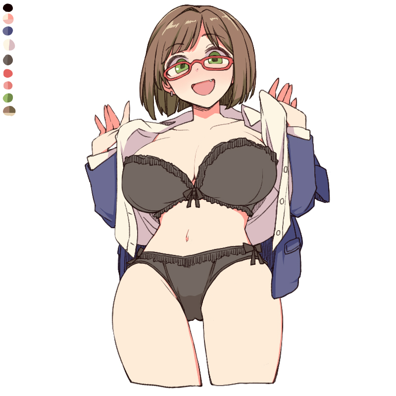 black_bra black_lingerie black_panties blush glasses green_eyes idolmaster idolmaster_cinderella_girls maekawa_miku oerba_yun_fang open_shirt short_hair underwear