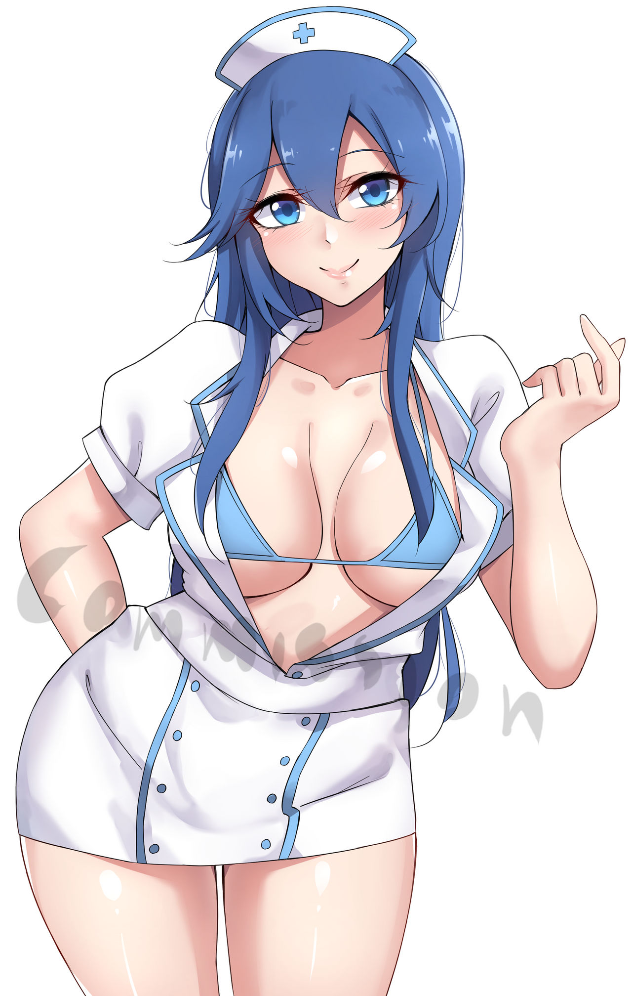 1girls, bare thighs, bikini, bikini top, breasts, come hither, commission, female, fire emblem, fire emblem awakening, long hair, looking at viewer, lucina (fire emblem), medium breasts, mistynight, nintendo, nurse cap, nurse uniform, open clothes, smile, solo, solo female, source request