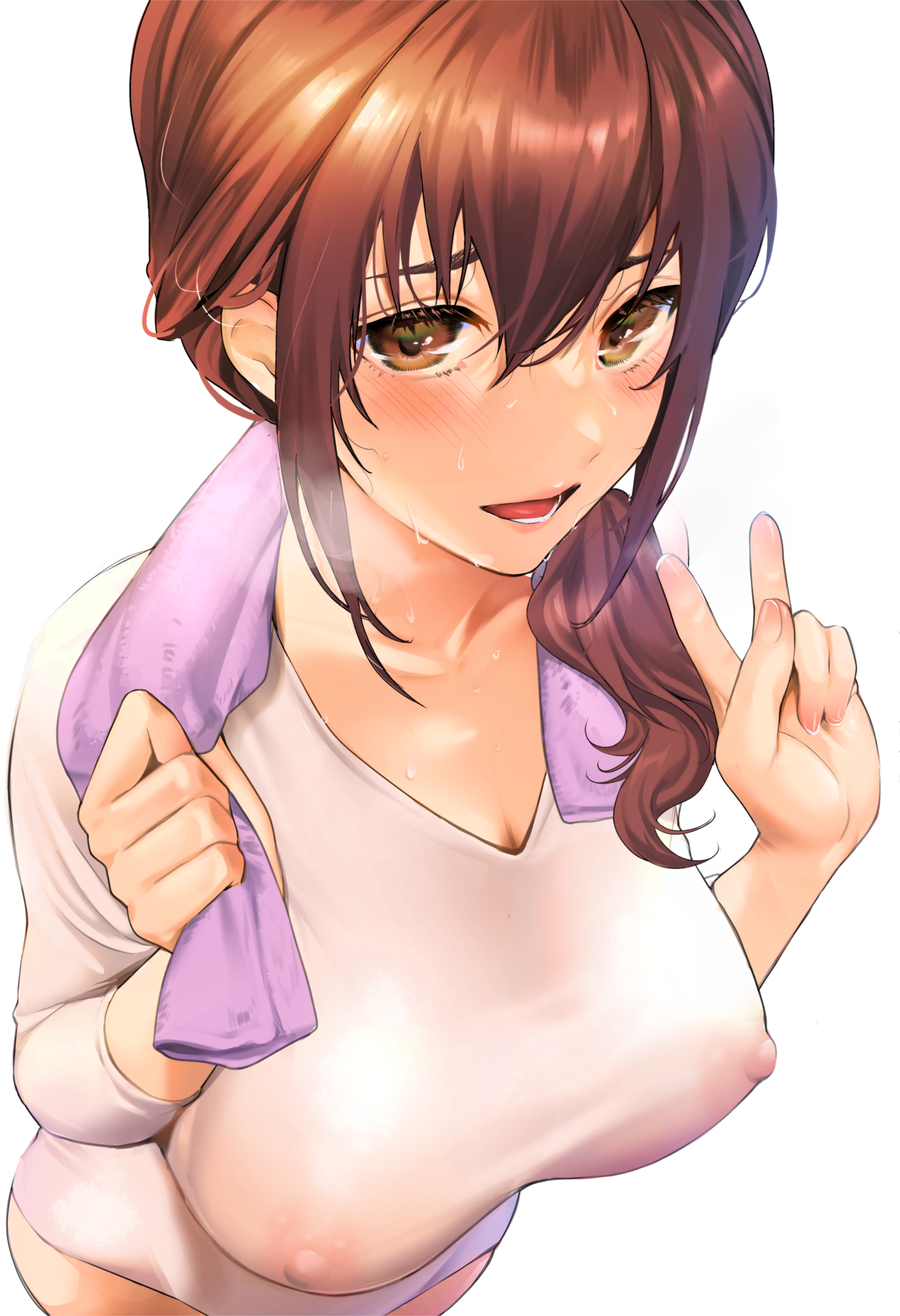 absurdres, areolae, bangs, breasts, brown eyes, brown hair, cleavage, collarbone, covered nipples, female, hair between eyes, hair over shoulder, heavy breathing, highres, large breasts, leotard, lips, looking at viewer, lower teeth, nipples, open mouth, original, perspective, see-through, simple background, sweat, sweaty, sweaty body, sweaty breasts, toro tarou, towel, towel around neck, wet, wet clothes, white background, workout, workout clothes