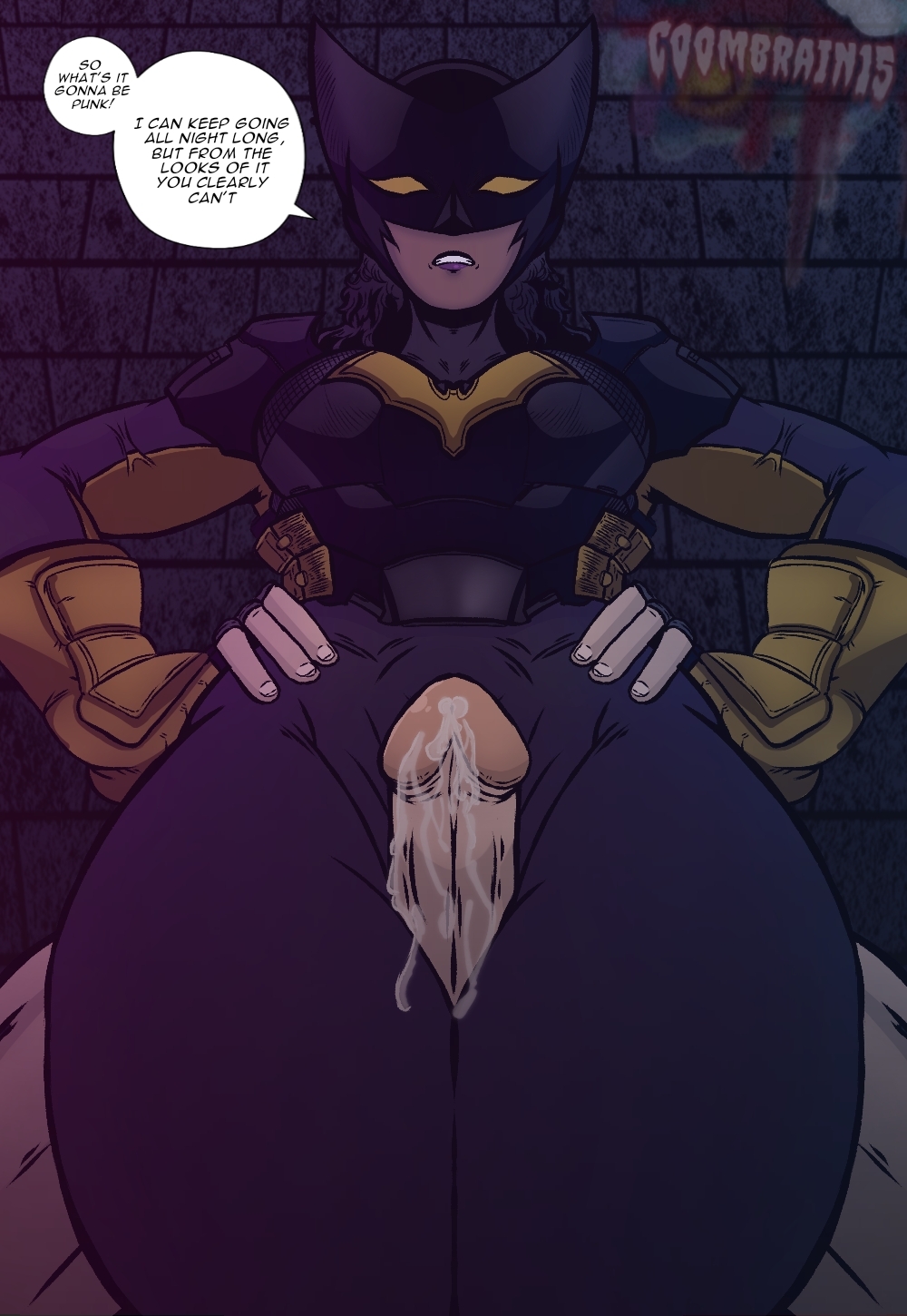 batman_(series) coombrain15 dc dc_comics helena_wayne huntress_(dc) penis precum tagme thick_thighs thigh_sex unseen_male_face wide_hips