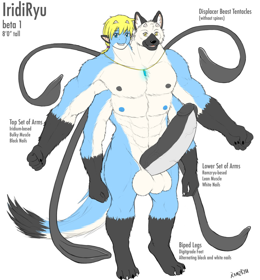 1boy abs anthro back_tentacles balls big_penis canid canine canis conjoined dragon erection genitals huge_cock humanoid_genitalia humanoid_penis hyper hyper_genitalia hyper_penis iridium male male_focus male_only mammal multi_arm multi_balls multi_genitalia multi_head multi_limb multi_pec muscular muscular_male nude penis ramzryu solo solo_focus standing tentacle text wolf