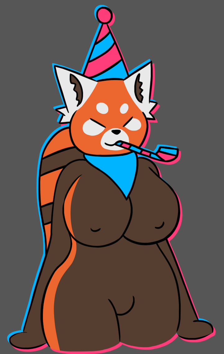 1girls animal_ears animal_humanoid animal_tail anthro bandana big_breasts blue_bandana breasts brown_fur closed_eyes female female_only hat humanoid mammal nipples party_hat red_fur red_panda roblox simple_background solo solo_female standing tail thick_thighs thighs voluptuous woofgang