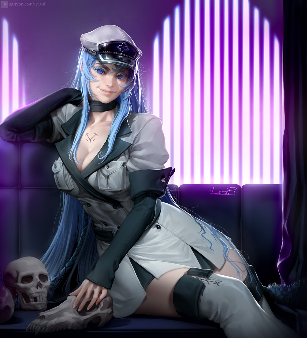 akame ga kill!, animal skull, blue eyes, blue hair, detailed background, esdeath (akame ga kill!), female, grin, high boots, lerapi, long hair, looking at viewer, military hat, military uniform, realistic, short skirt, skirt, skull