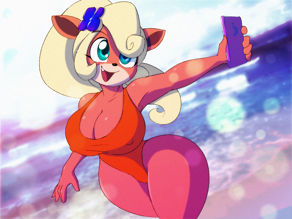 1girls, anthro, beach, big breasts, blonde hair, breasts, clothing, coco bandicoot, crash (series), dracojeff, electronics, female, furry, large breasts, nipples visible through clothing, oerba yun fang, one-piece swimsuit, phone, swimsuit, thick thighs, wide hips