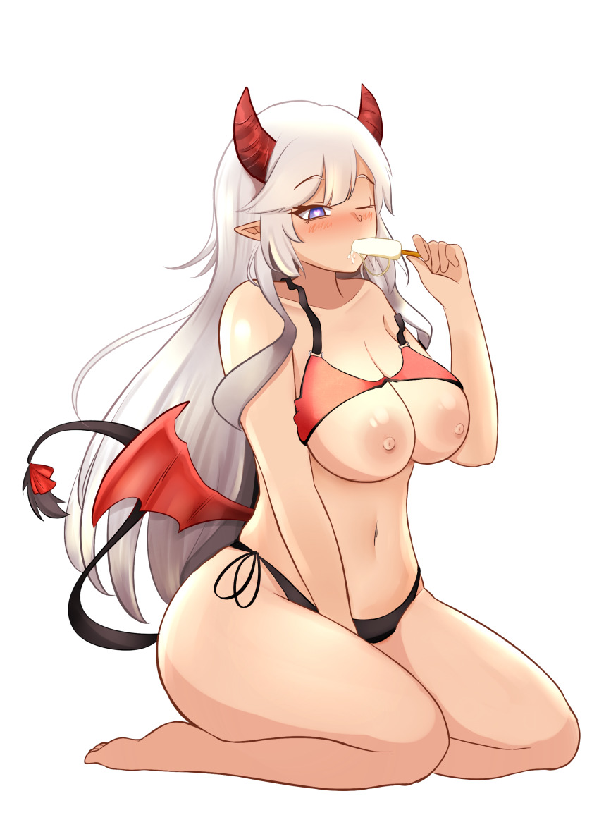 absurdres, artist request, bikini, blue eyes, blush, breasts, demon, demon girl, demon tail, demon wings, female, food, heart, heart-shaped pupils, highres, horns, large breasts, navel, nipples, one eye closed, popsicle, sitting, source request, succubus, sucking, swimsuit, symbol-shaped pupils, tail, thick thighs, thighs, transparent background, veibae, virtual youtuber, vshojo, white hair, wings
