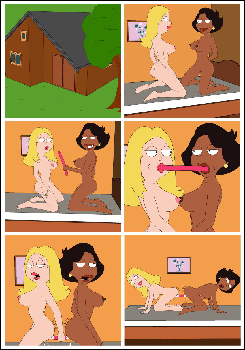 2girls american_dad ass battle bed bedroom cameltoe chocolate_and_vanilla cum dark-skinned_female dildo donna_tubbs double_dildo erect_nipples family_guy francine_smith house interracial interracial_yuri multiple_girls panels pussy pussy_juice sexfight sexfightfun sucking_dildo the_cleveland_show wet_pussy wrestling yuri