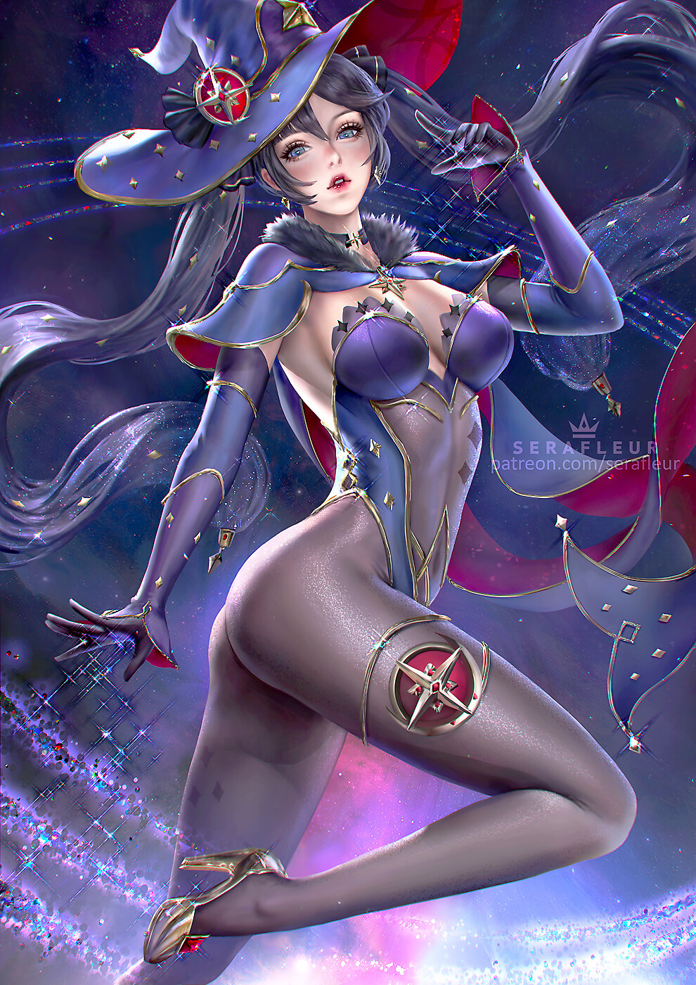 black_hair blue_eyes cleavage detailed_background genshin_impact gloves high_heels highres long_hair looking_at_viewer medium_breasts mona_(genshin_impact) serafleur skimpy_clothes sparkle stockings thick_thighs twintails wizard_hat