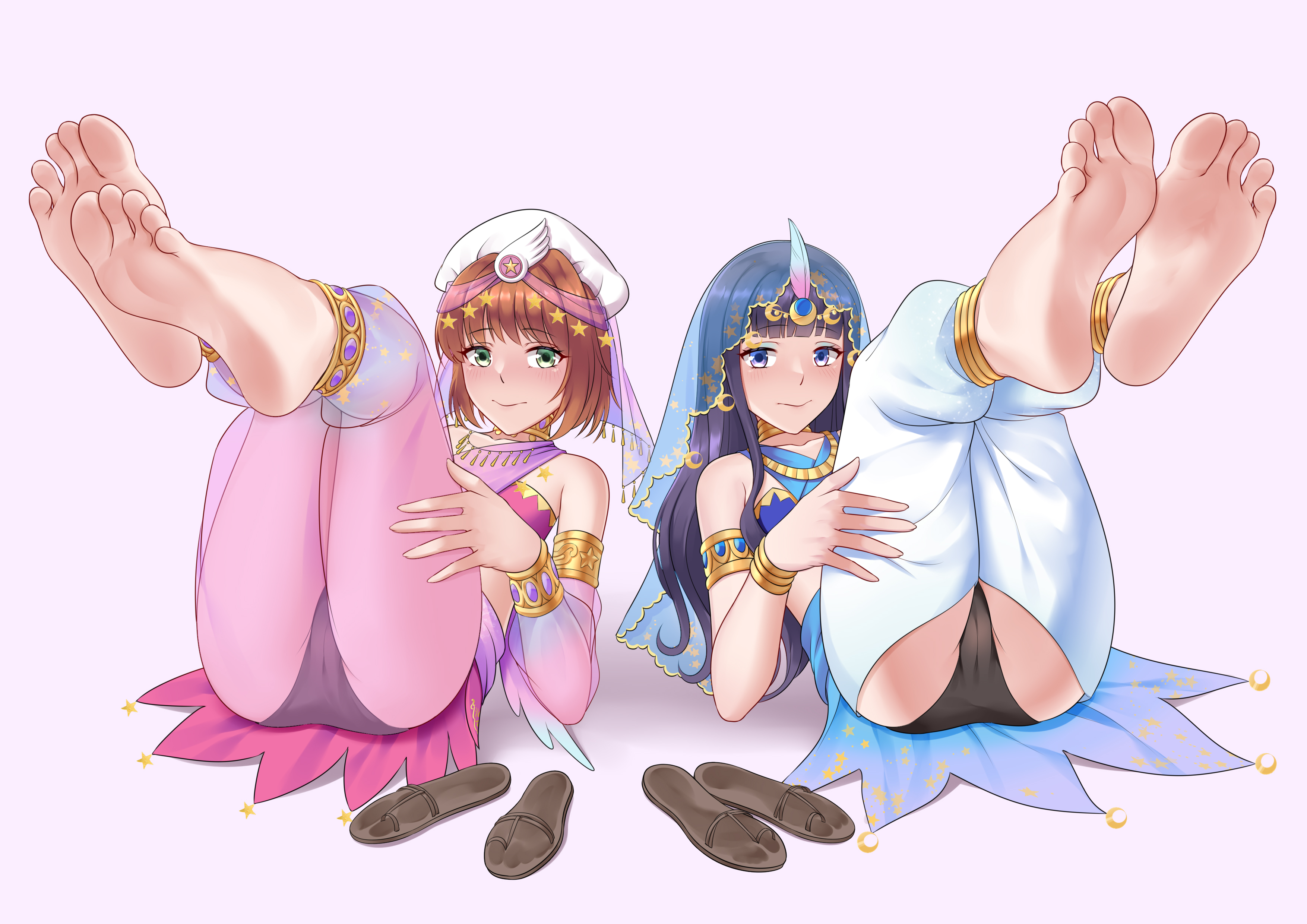 2girls, anklet, armlet, ass, bare shoulders, barefoot, blush, bracelet, brown hair, cardcaptor sakura, choker, clothing, eyeshadow, feet, female, female only, green eyes, harem outfit, hat, headdress, human, jewelry, legs, light skin, light-skinned female, long hair, looking at viewer, multiple females, multiple girls, oirin, panties, purple eyes, purple hair, sakura kinomoto, sandals, see-through, short hair, simple background, soles, thighs, toes, tomoyo daidouji