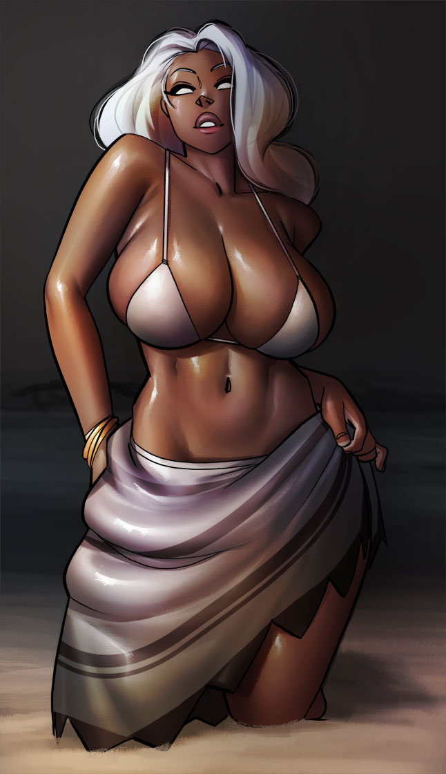 1girls, 2021, african, african female, big breasts, breasts, breasts bigger than head, cleavage, dark skin, dark-skinned female, female, female only, huge breasts, looking at viewer, marvel, marvel comics, ororo munroe, ph, solo, solo female, storm (x-men), thick thighs, white hair, wide hips, x-men