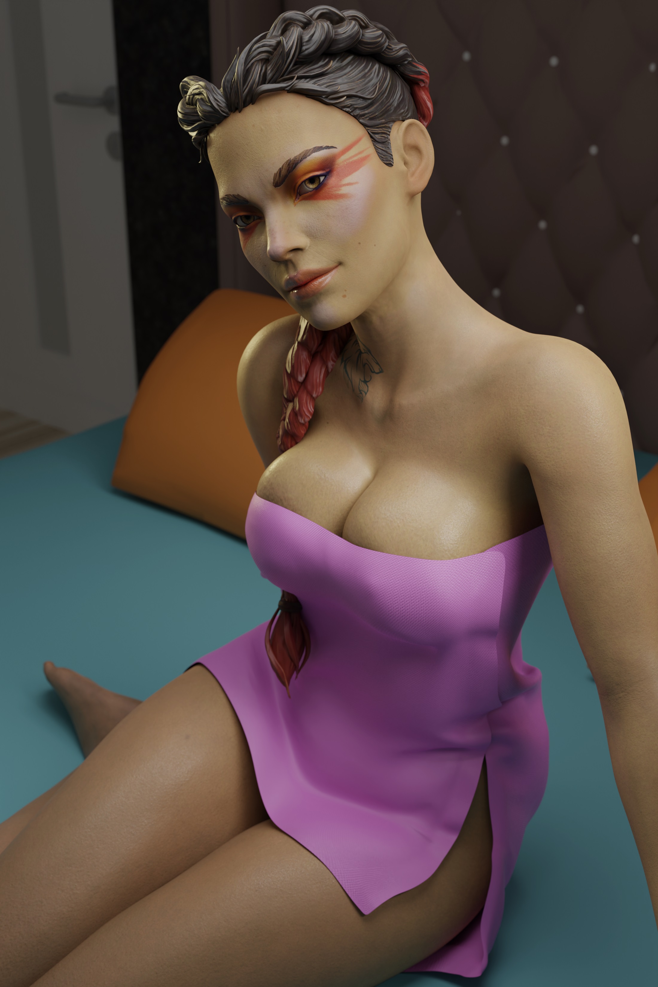 1girls, 3d, apex legends, bed, braided twintails, breasts, brown hair, cleavage, dark skin, dark-skinned female, female, female only, francis brown, large breasts, latina, loba (apex legends), looking at viewer, red hair, sitting, smile, solo, tattoo, towel, twintails, two-tone hair
