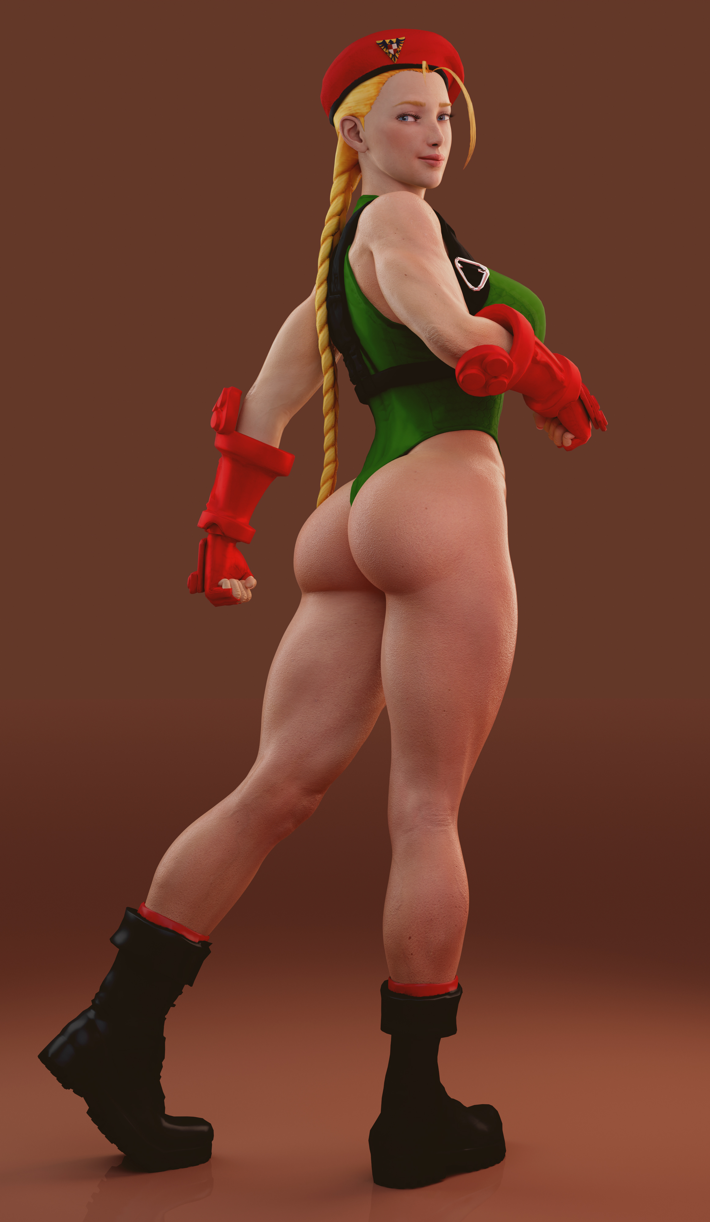 1girls, 3d, ass, back view, batesz, belt, big ass, big butt, blonde, blonde hair, braided hair, braided ponytail, cammy white, capcom, clothing, female, female only, footwear, handwear, human, leotard, long hair, looking back, ponytail, solo, solo female, street fighter, thong leotard