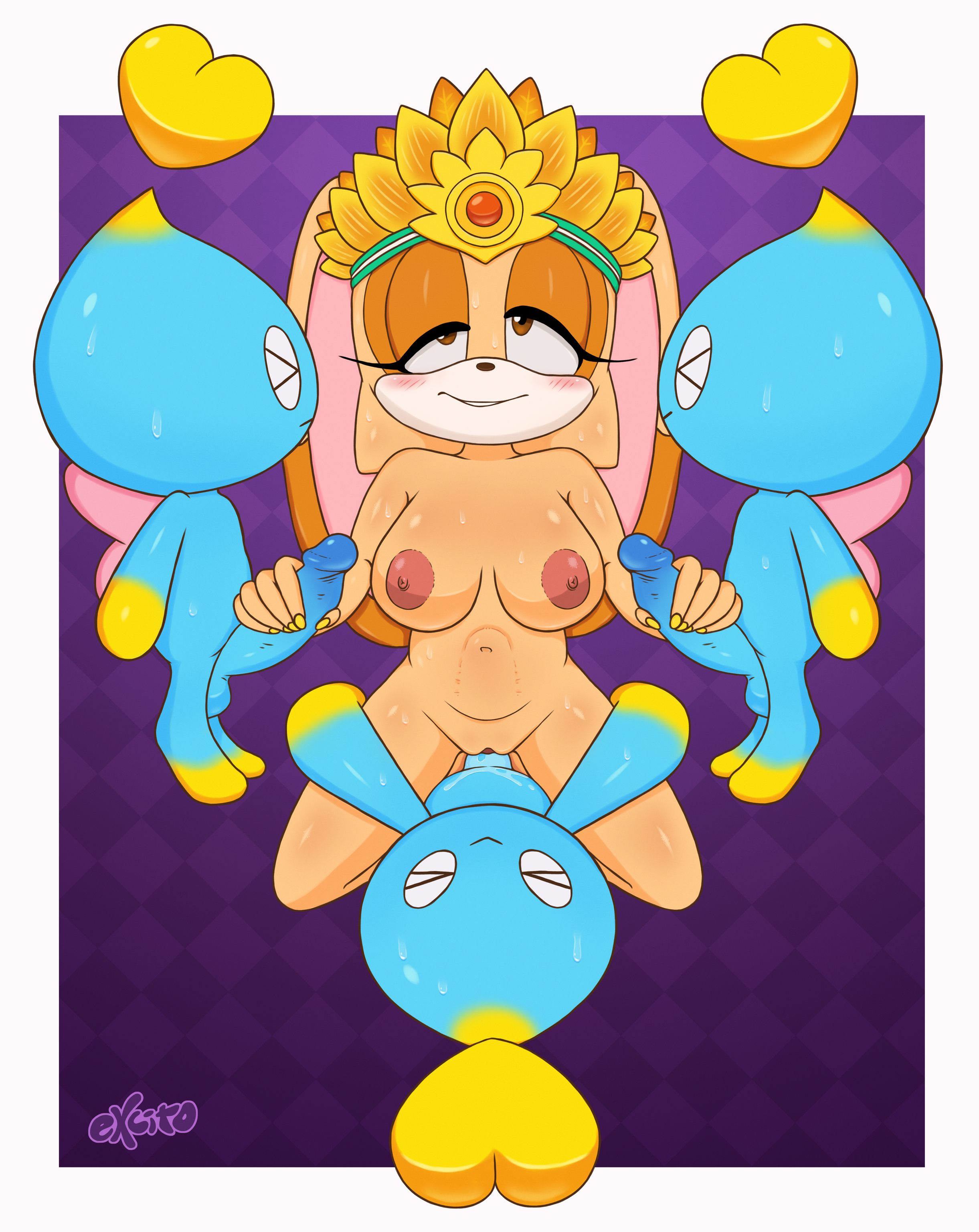 1girls, 2022, 3boys, blonde fur, blonde hair, blue fur, blue hair, blush, blushing, boobs, breasts, brown eyes, bunny, chao (sonic), cock, cream, cream fur, cream hair, dick, excito, female, half-closed eyes, hd, hi res, high resolution, highres, male, multiple boys, multiple males, orange fur, orange hair, orange spots, orgy, penis, rabbit, sex, sonic (series), sonic forces speed battle, spring, spring cream
