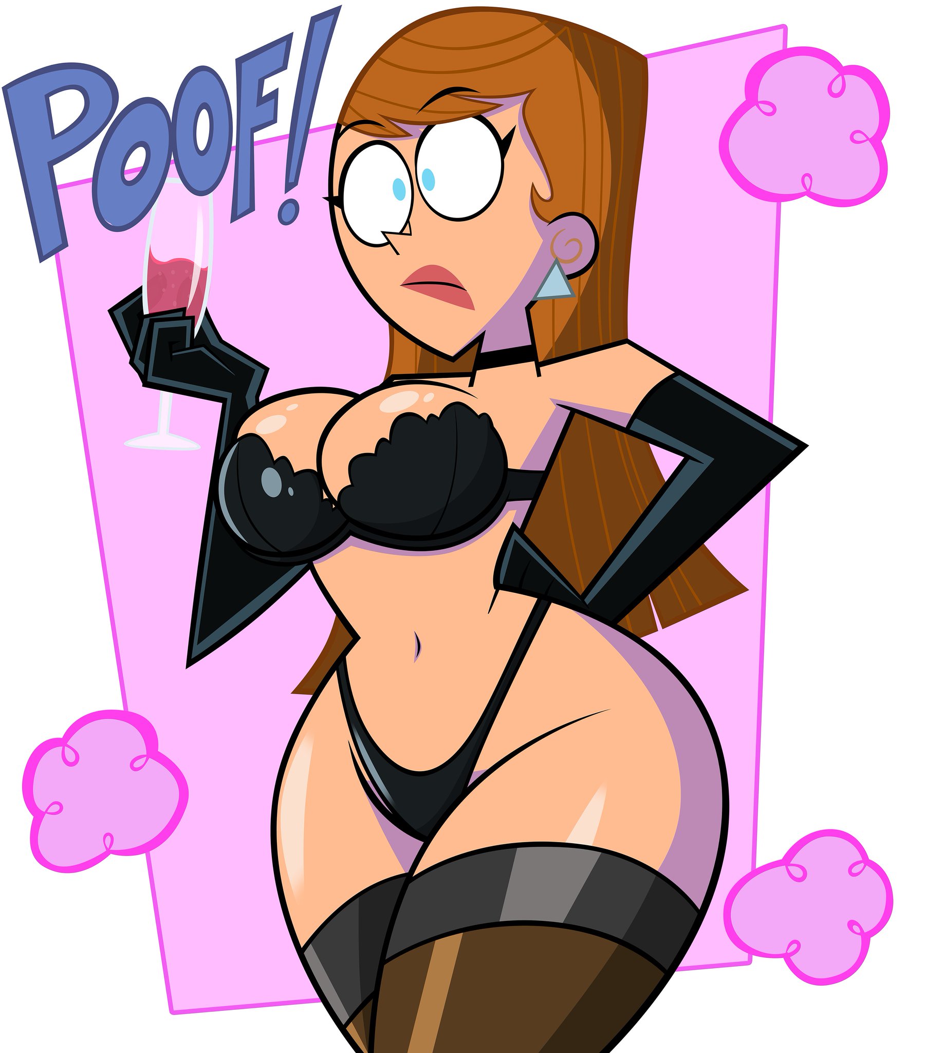 1girls, alternate version available, background, black gloves, bra, breasts, brown hair, bursting breasts, busty, c.c. cruiser and the hot rod squad, clothes removed, clothing, digital media (artwork), disappearing clothes, drink, ear piercing, earrings, embarrassed underwear female, embarrassed undressed female, euf, exposed breasts, exposed panties, female, glass, gloves, grimphantom, highleg panties, hips, holding, holding object, hourglass figure, legs, light skin, light-skinned female, lips, liquid, long hair, neck ribbon, nickelodeon, panties, piercing, pink background, straight hair, suddenly naked, surprised, the fairly oddparents, thick legs, thick thighs, thigh highs, thighhighs, thighs, thin arms, thin waist, tina tune-up, voluptuous, white background, wide hips, wine glass