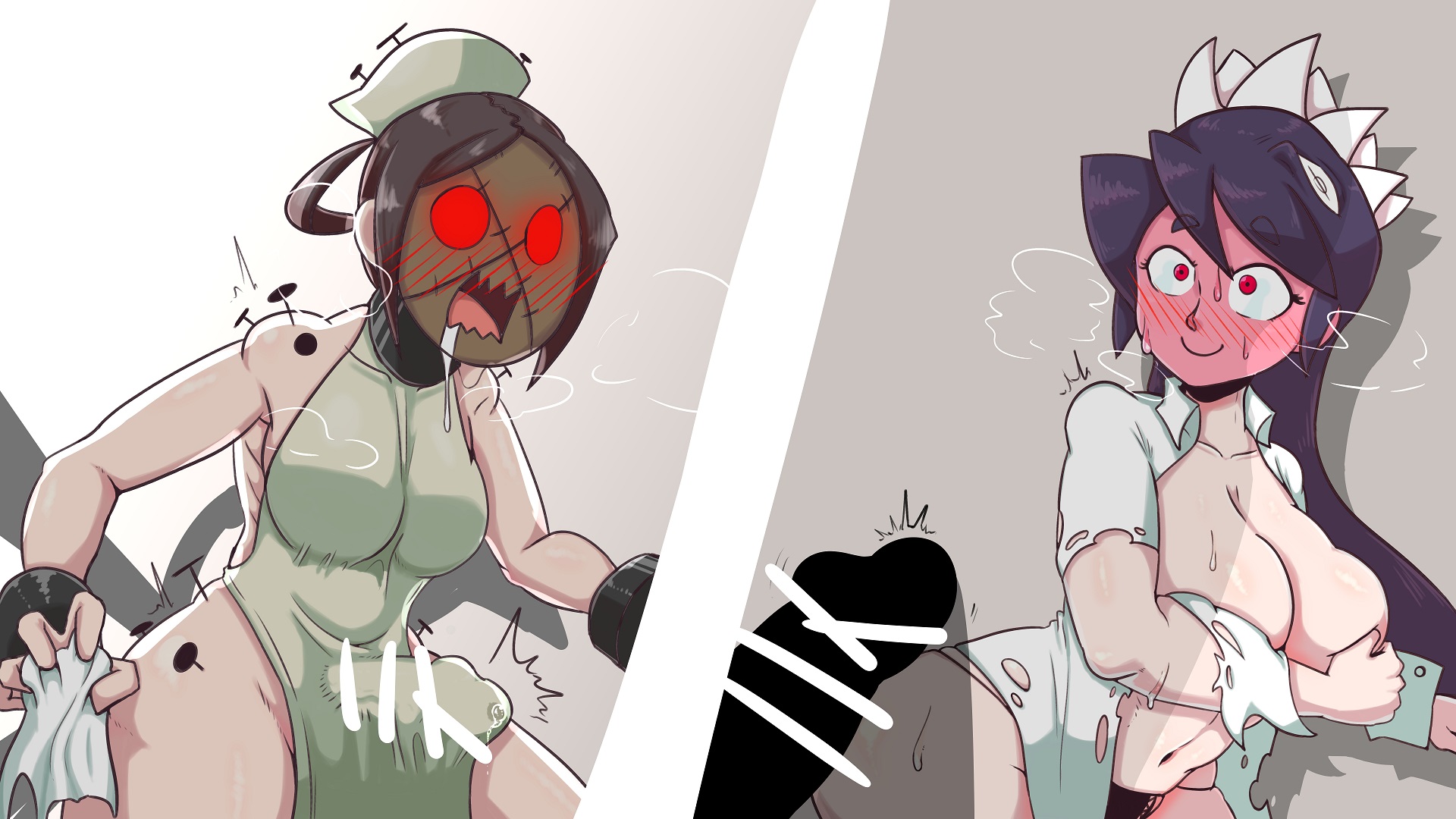 1futa, 1girls, big breasts, breasts, censored, clothed, clothing, erection under clothes, female, filia (skullgirls), flustered, futanari, imminent sex, intersex, lab zero games, light skin, mask, masked, painting fish, painwheel, penis, samson (skullgirls), skullgirls