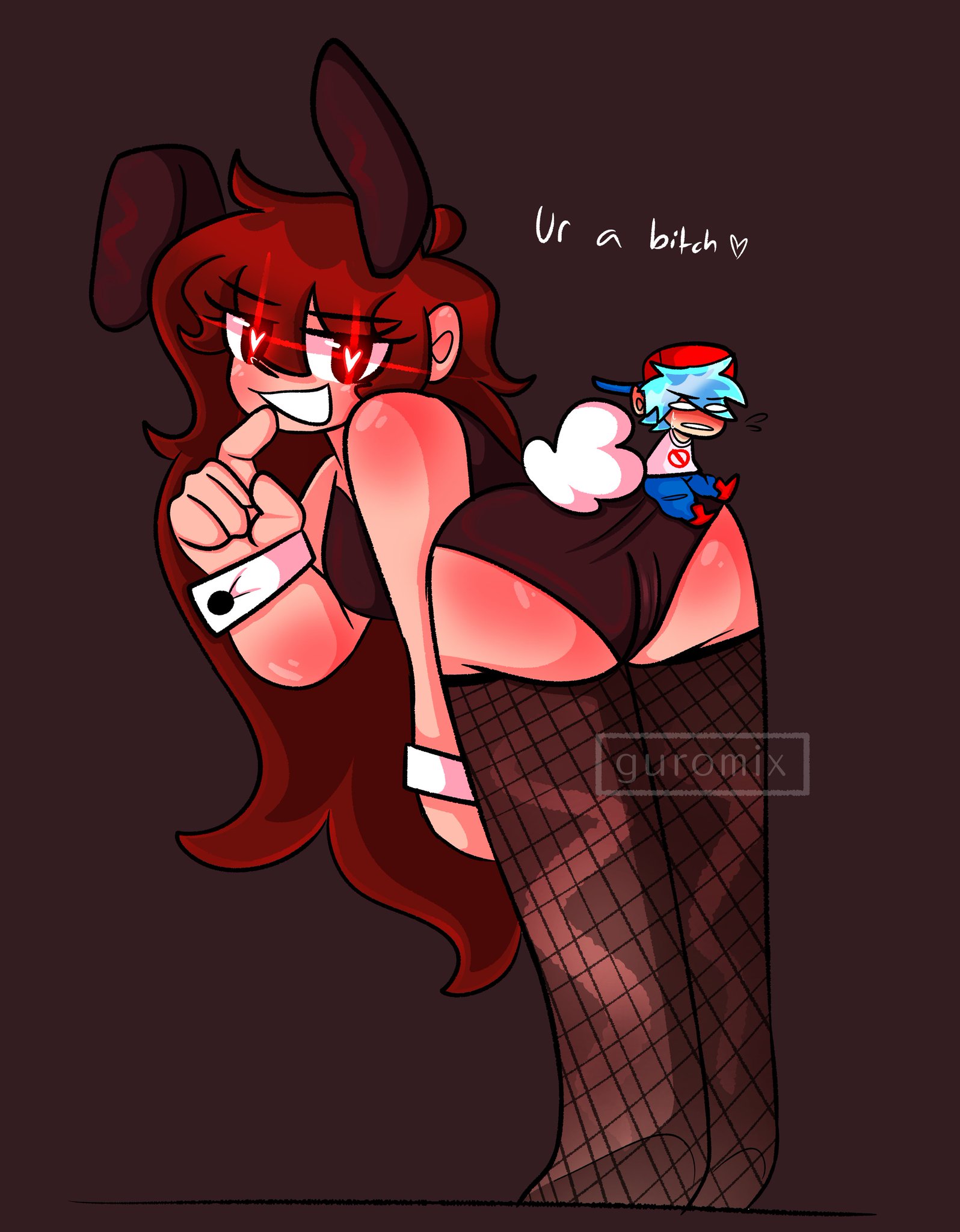 1boy, 1girls, blue hair, blush, boyfriend (friday night funkin), brown hair, bunny girl, bunnysuit, female, fishnet stockings, fishnets, friday night funkin, girlfriend (friday night funkin), glowing eyes, heart-shaped pupils, leotard, long hair, male, smile