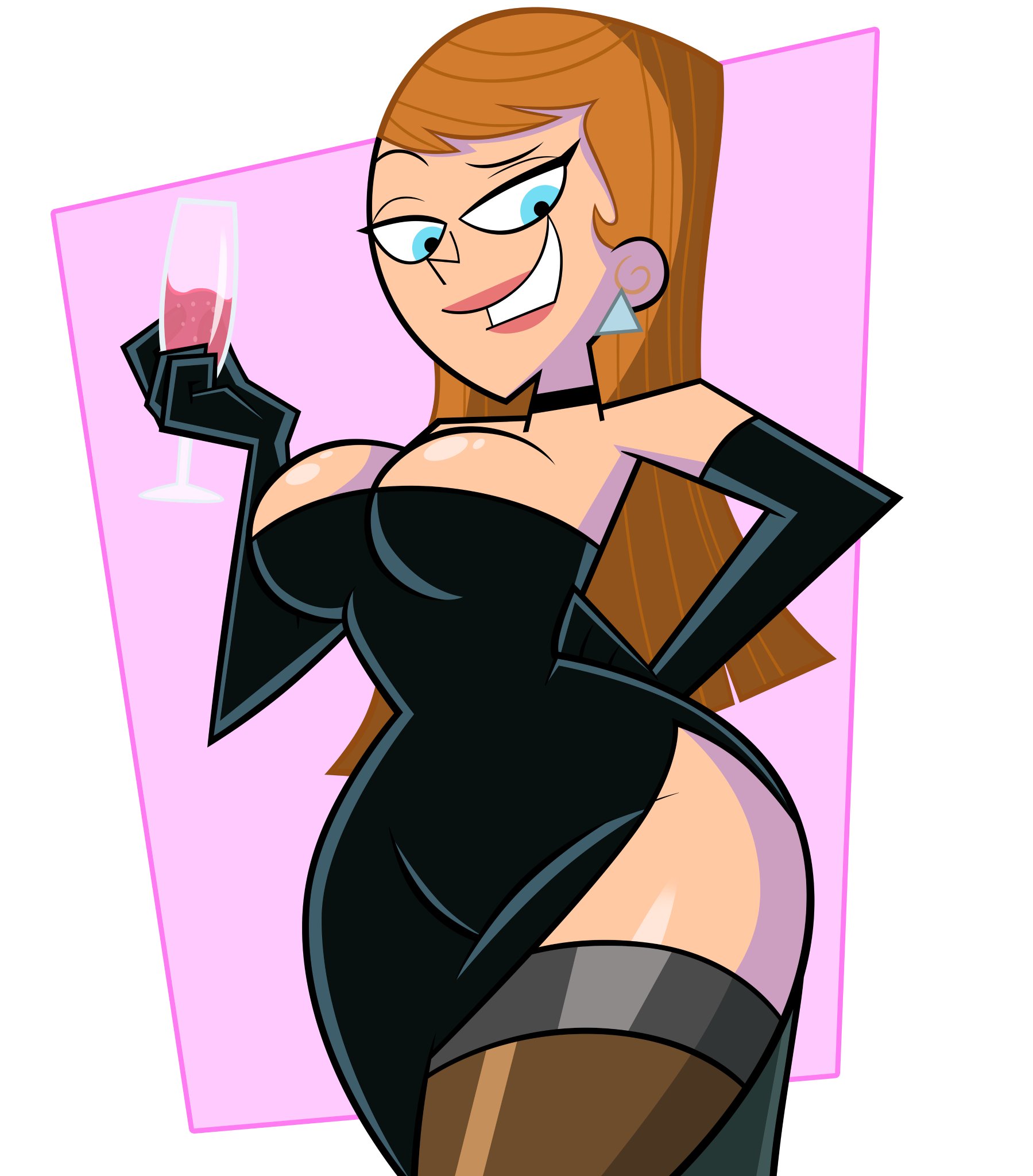 1girls, alternate version available, background, black dress, black gloves, breasts, brown hair, bursting breasts, busty, c.c. cruiser and the hot rod squad, clothing, digital media (artwork), dress, drink, ear piercing, earrings, female, glass, gloves, grimphantom, hips, holding, holding object, hourglass figure, legs, light skin, light-skinned female, lips, liquid, long hair, looking at viewer, neck ribbon, nickelodeon, piercing, pink background, smiling, straight hair, the fairly oddparents, thick legs, thick thighs, thigh highs, thighhighs, thighs, tina tune-up, voluptuous, white background, wide hips, wine glass