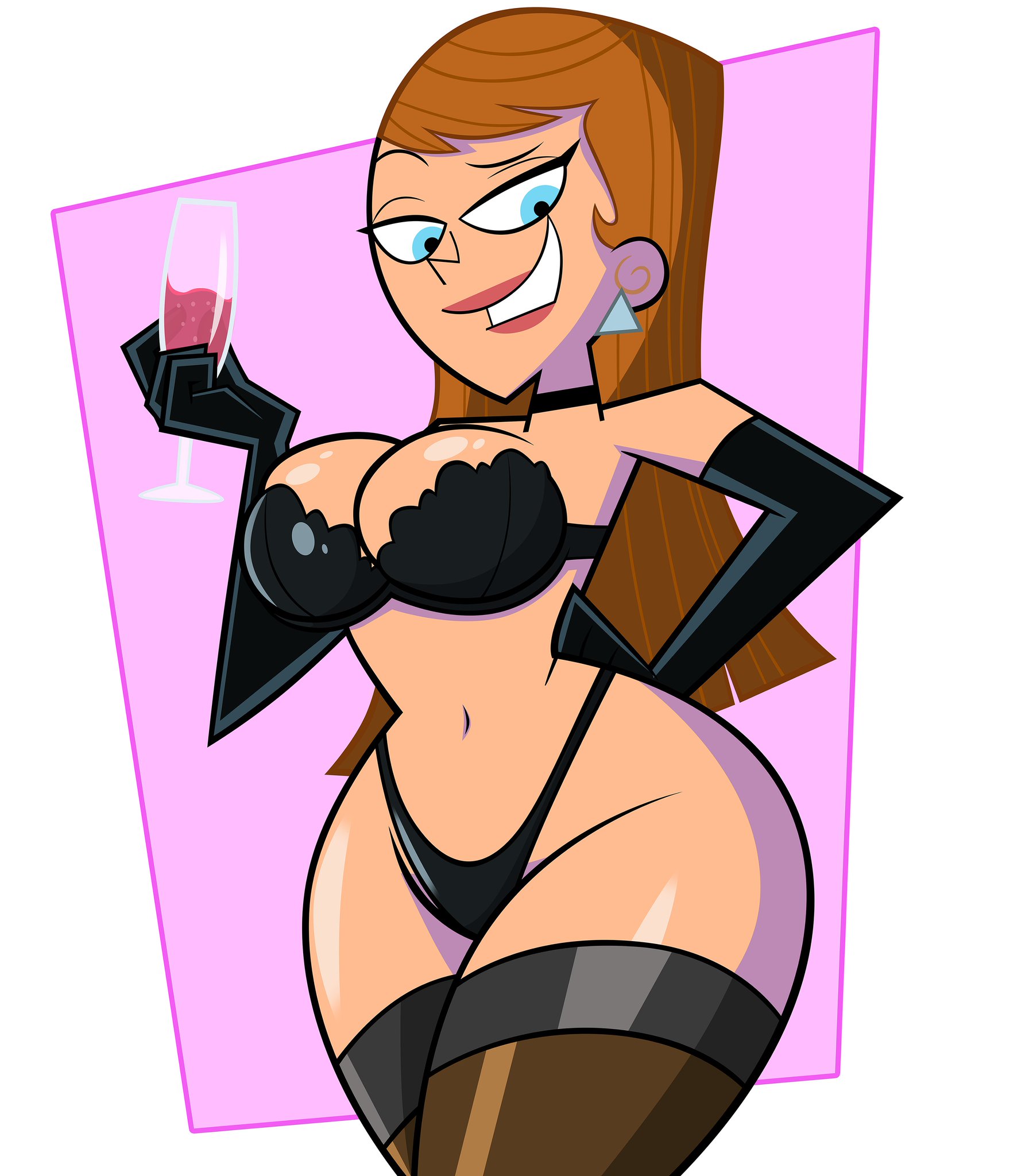 1girls, alternate version available, background, black gloves, bra, breasts, brown hair, bursting breasts, busty, c.c. cruiser and the hot rod squad, clothing, digital media (artwork), drink, ear piercing, earrings, female, glass, gloves, grimphantom, hips, holding, holding object, hourglass figure, legs, light skin, light-skinned female, lips, liquid, long hair, neck ribbon, nickelodeon, panties, piercing, pink background, smile, straight hair, the fairly oddparents, thick legs, thick thighs, thigh highs, thighhighs, thighs, tina tune-up, voluptuous, white background, wide hips, wine glass