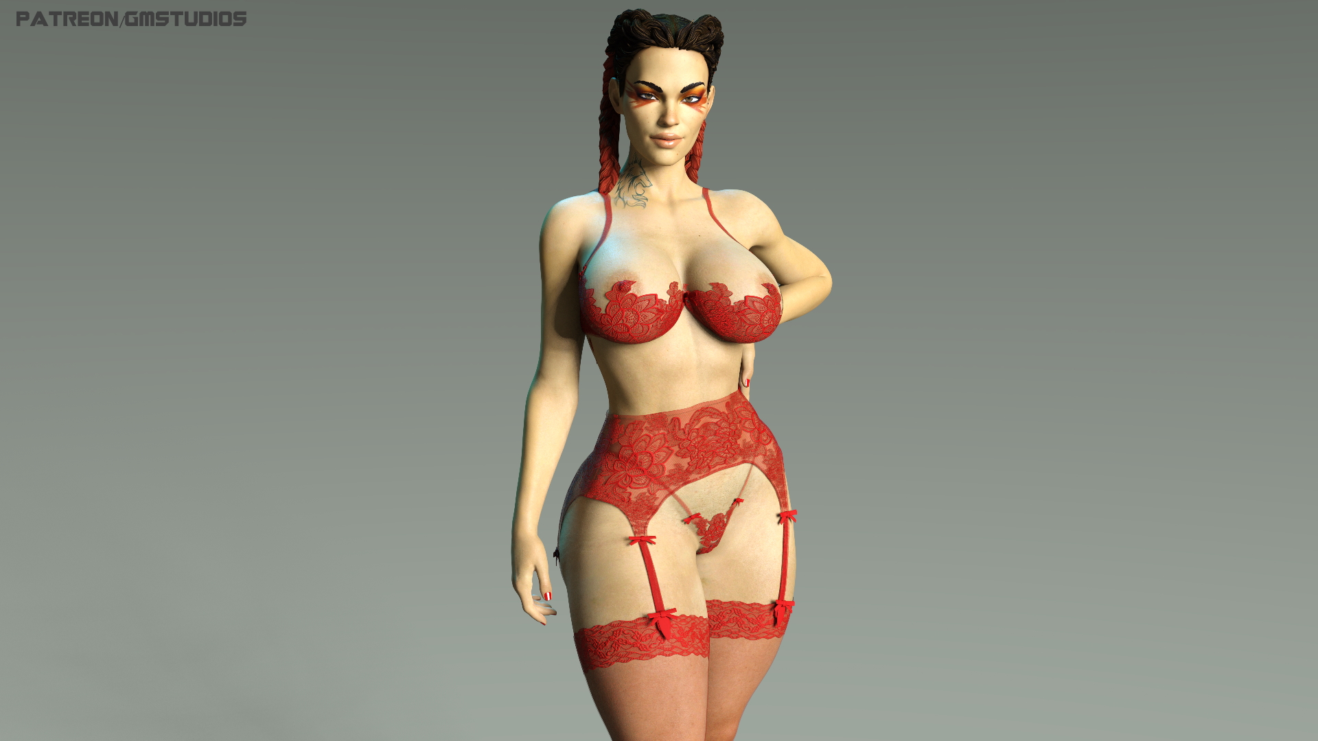 1girls, 3d, apex legends, big breasts, bra, breasts, female, female only, g-string, garter belt, gm studios, large breasts, lingerie, loba (apex legends), nipple slip, nipples, red bra, red panties, redbone, solo, stockings, thick thighs, underwear
