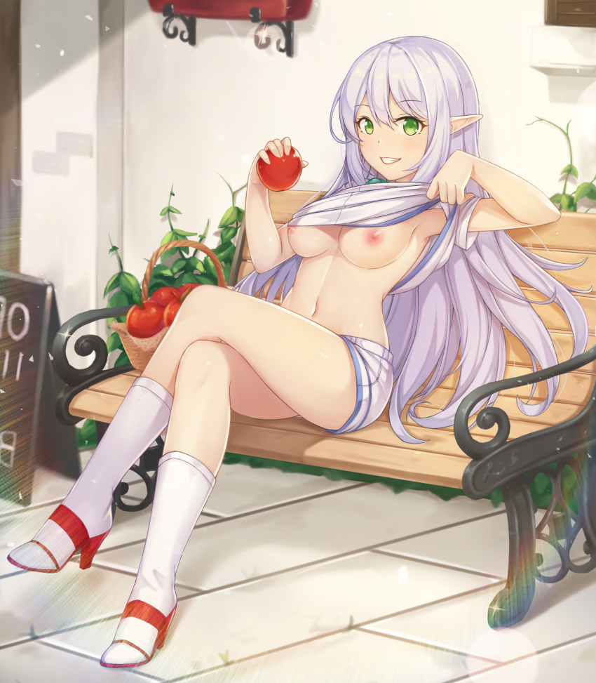 alternate breast size, armpits, bench, breasts, commentary request, dungeon and fighter, dungeon fighter online, elf, exhibitionism, eyebrows visible through hair, female, flashing, full body, green eyes, hair between eyes, hallohi, highres, kneehighs, legs crossed, lifted by self, light particles, long hair, looking at viewer, mage (dungeon and fighter), medium breasts, navel, nipples, no bra, original, outdoors, parted lips, plant, pointy ears, shiny, shiny skin, shirt, shirt lift, short sleeves, shorts, silver hair, sitting, stomach, stone floor, stone wall, sunlight, thighs, tiles, wall, white legwear, white shirt, white shorts