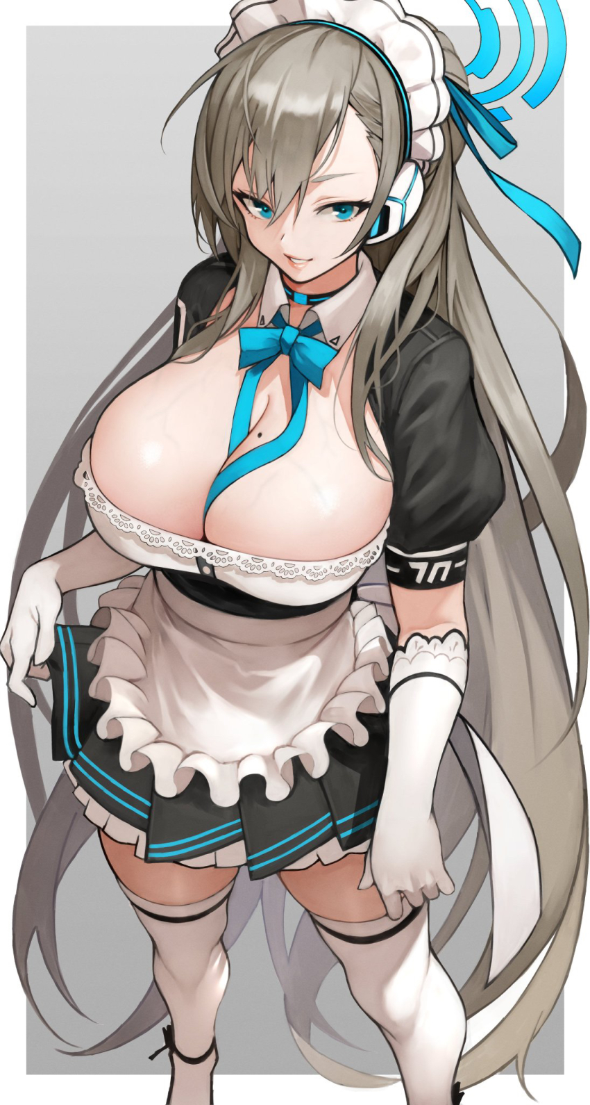 android asuna_(blue_archive) blue_archive blue_eyes brown_hair cleaning_&_clearing_(blue_archive) cleavage curvy dress female from_above headphones huge_breasts leotard looking_at_viewer maid_headdress maid_uniform millennium_science_school_logo_(blue_archive) millennium_science_school_student skirt smiling thick_thighs veiny_breasts yoshi55level yoshio_(55level)