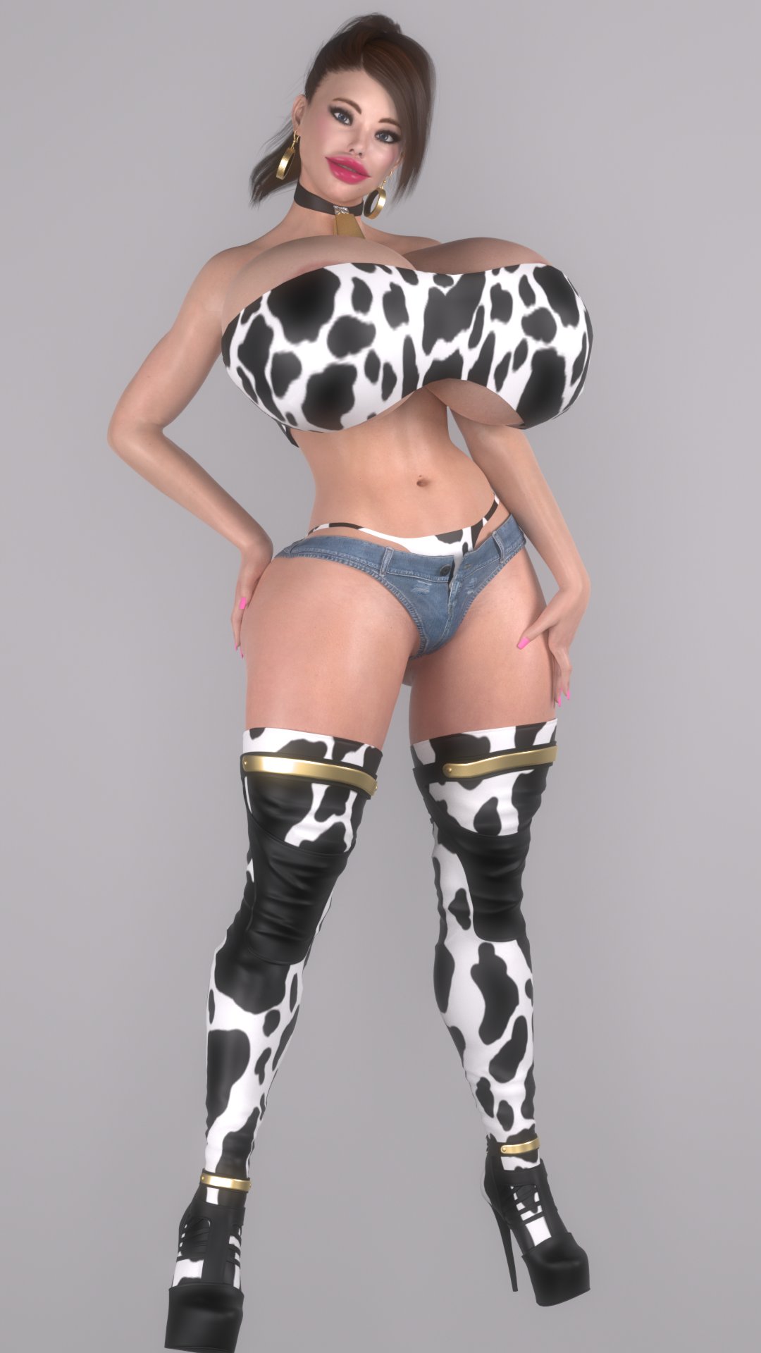 1girls 3d 3d_(artwork) 3dcg bikini bimbo bimbo_lips brown_hair cow_print cowbell cowgirl earrings high_heels huge_breasts hyper_breasts jean_shorts jimjim large_breasts solo thigh_high_heels tiffany_(jimjim) tiffany_neil